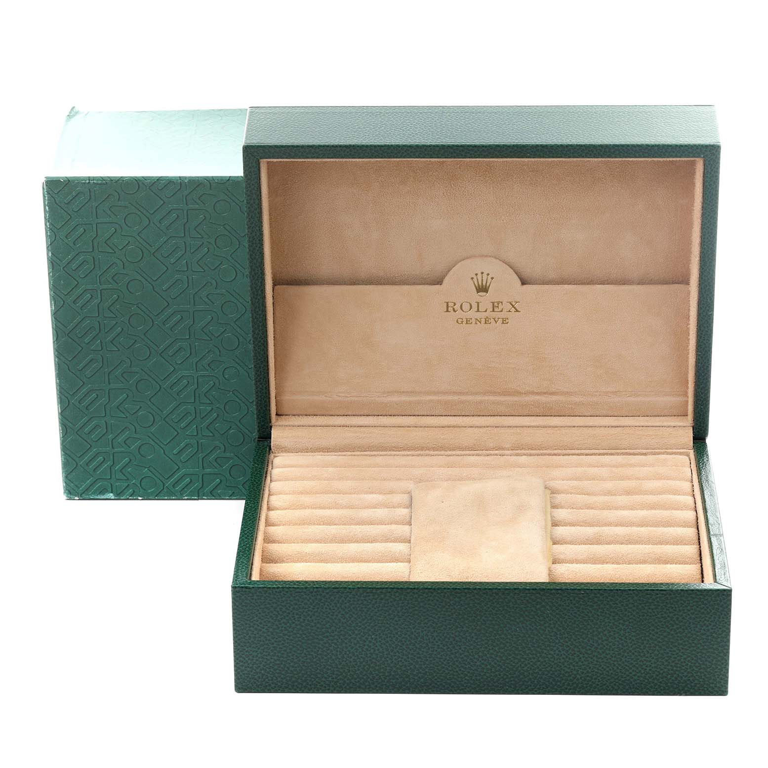 The image shows an open green box for a Rolex President 18239A Men's White Gold Black Dial 18239A Men's White Gold Black Dial model, designed for storing watches.