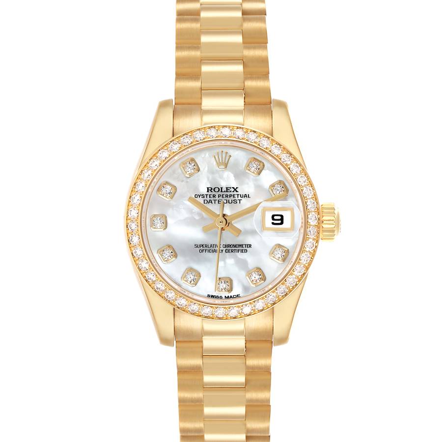 The Rolex President 179138 Women's Yellow Gold Mother of Pearl Dial model watch is shown from a top-down angle, displaying the full bracelet, dial, date window, and diamond bezel.
