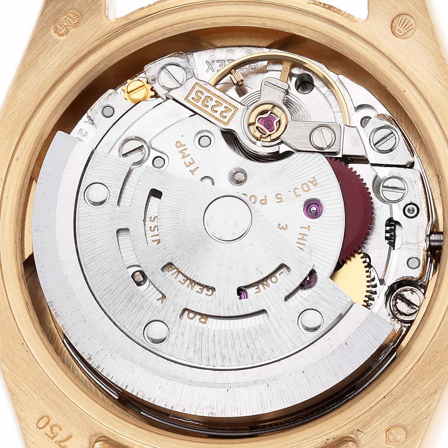 The image shows the movement and inner mechanism of the Rolex President 179138 Women's Yellow Gold Mother of Pearl Dial model watch from a top-down angle.