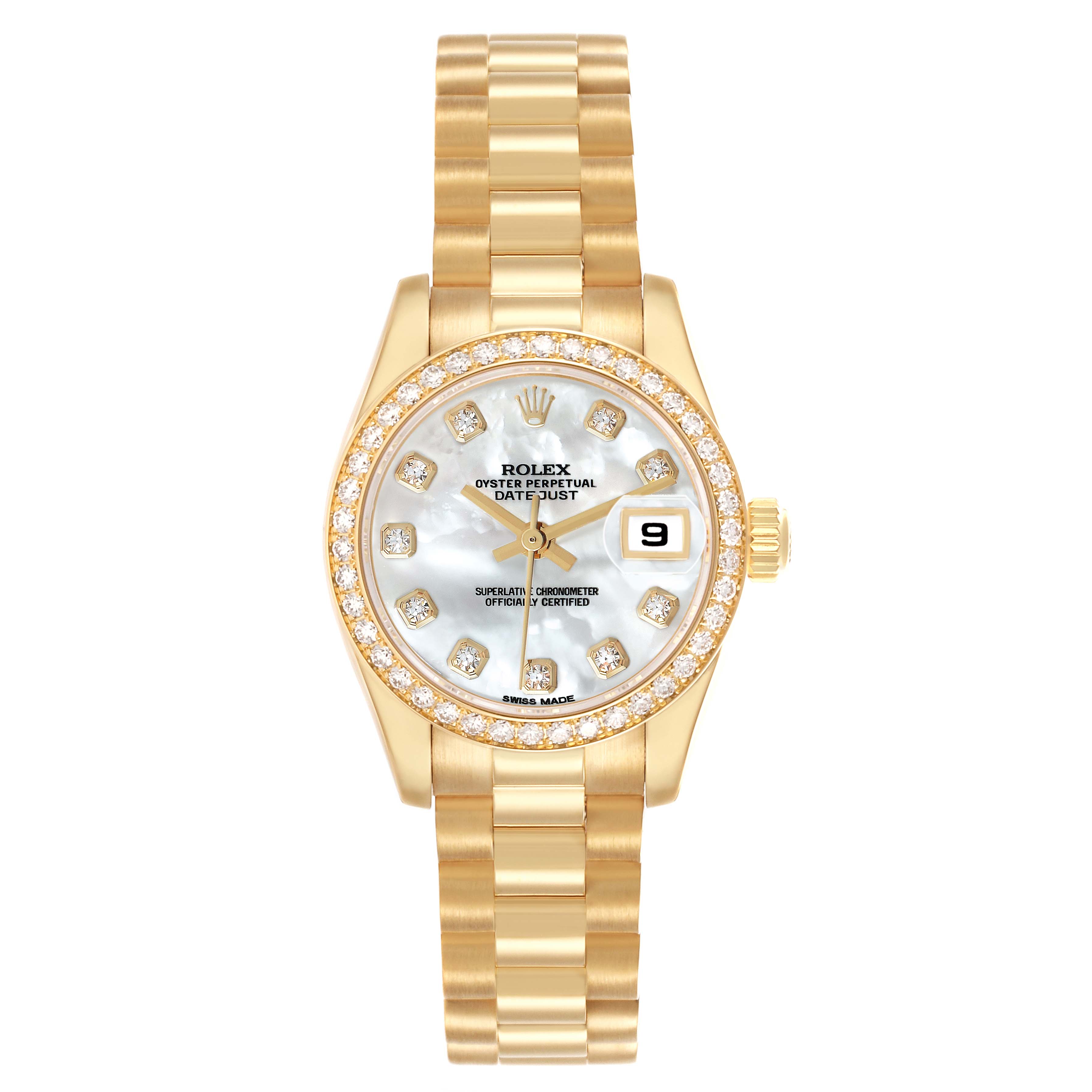 The Rolex President 179138 Women's Yellow Gold Mother of Pearl Dial watch is shown from a top-down angle, displaying the face, bezel, and bracelet.