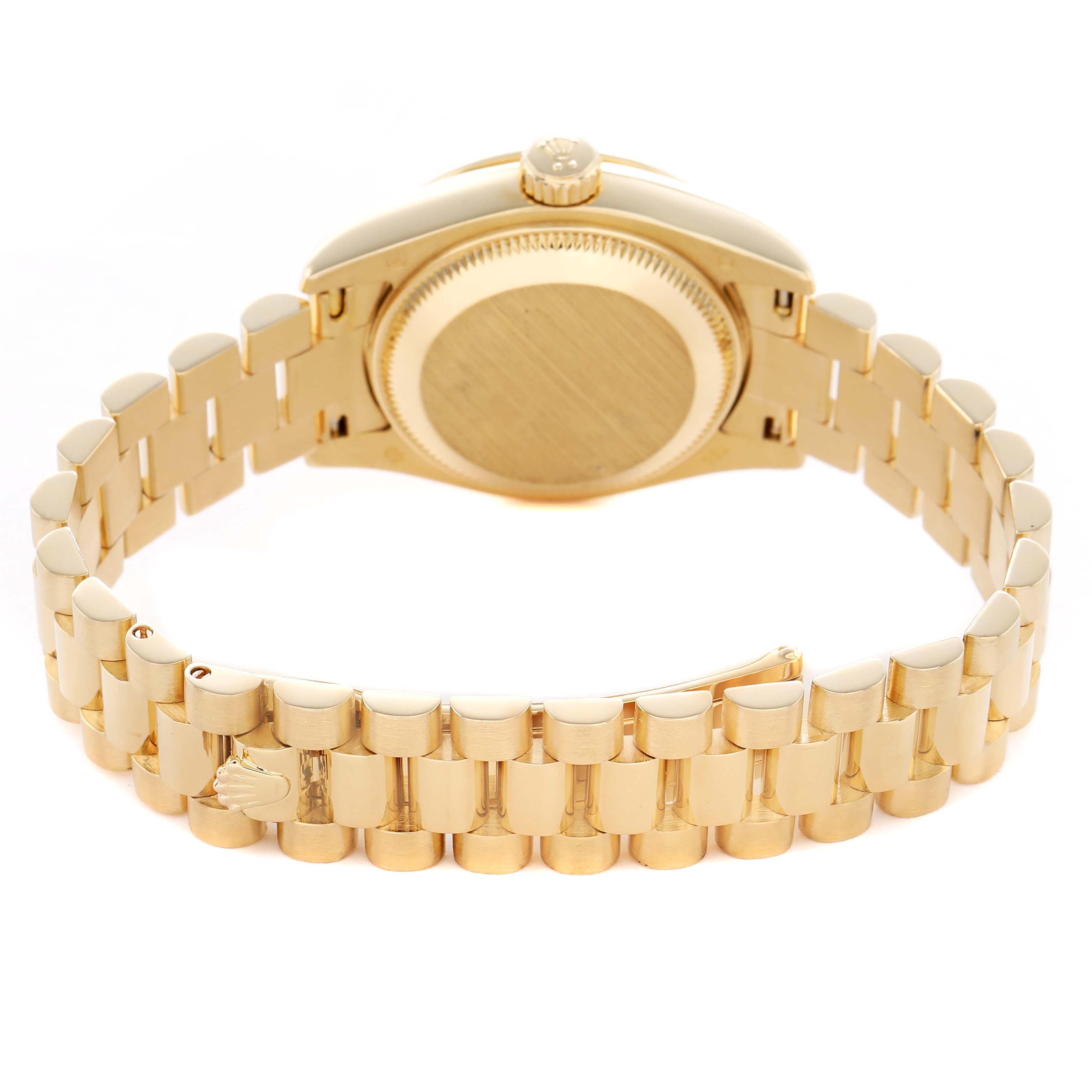 The Rolex President 179138 Women's Yellow Gold Mother of Pearl Dial watch is shown from the back, highlighting its gold case back and bracelet.