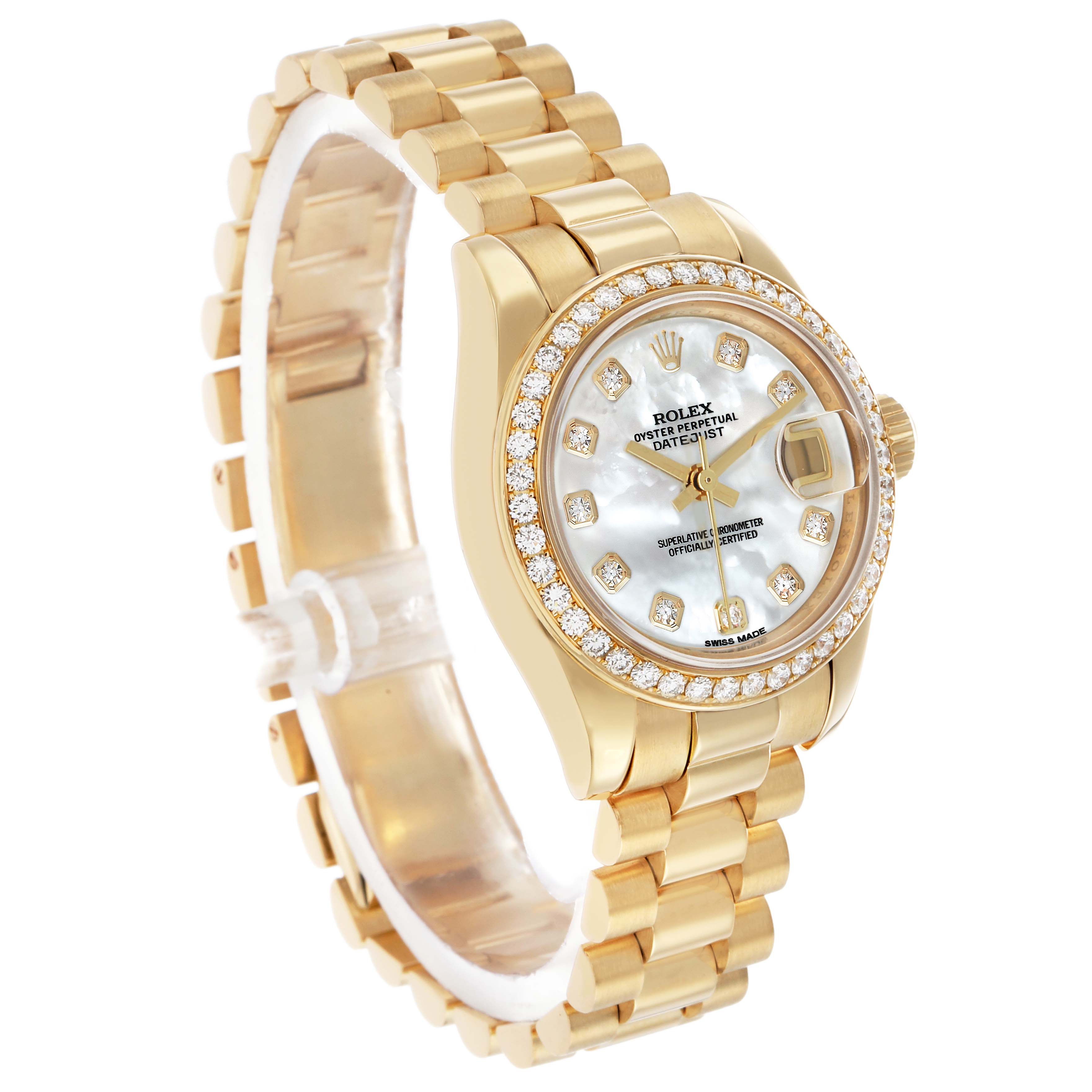 The Rolex President 179138 Women's Yellow Gold Mother of Pearl Dial model watch is shown at an angled view, displaying the face, bracelet, bezel, and crown.