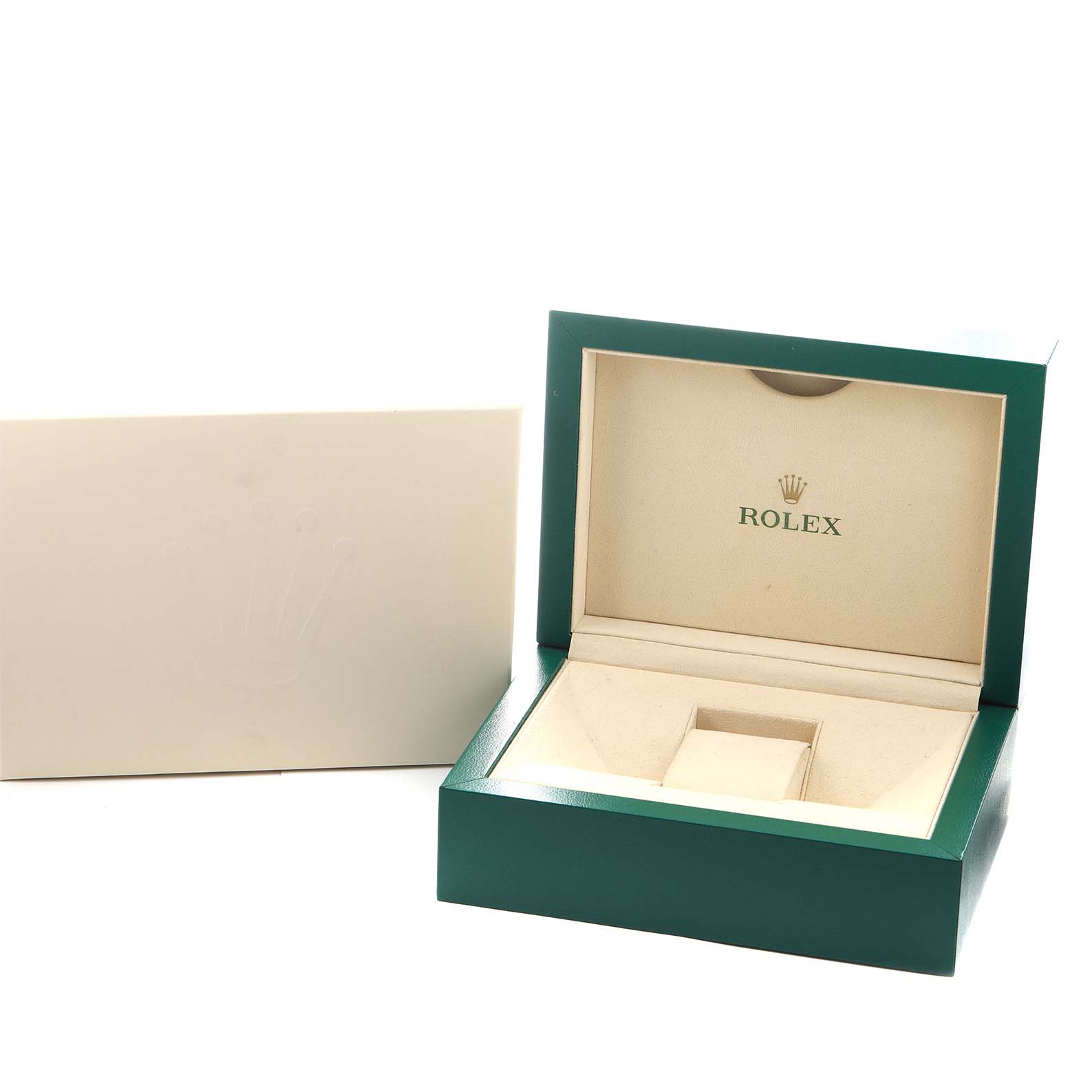 The image shows an open Rolex Sky-Dweller 336935 Men's Rose Gold Blue Dial watch box with its lid open, showcasing the interior and outer packaging.