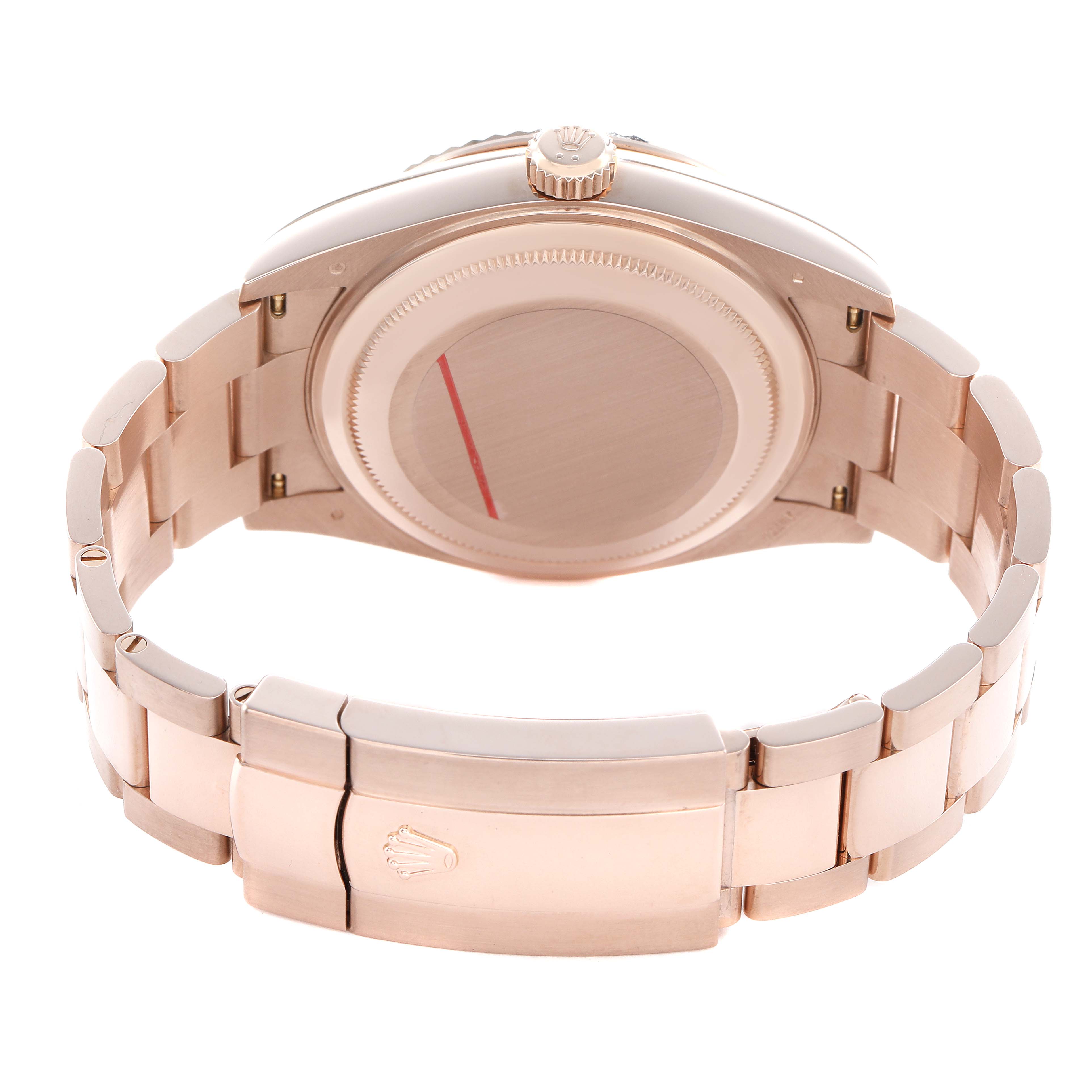 The image shows the back and clasp of a Rolex Sky-Dweller 336935 Men's Rose Gold Blue Dial, highlighting the case back and bracelet.