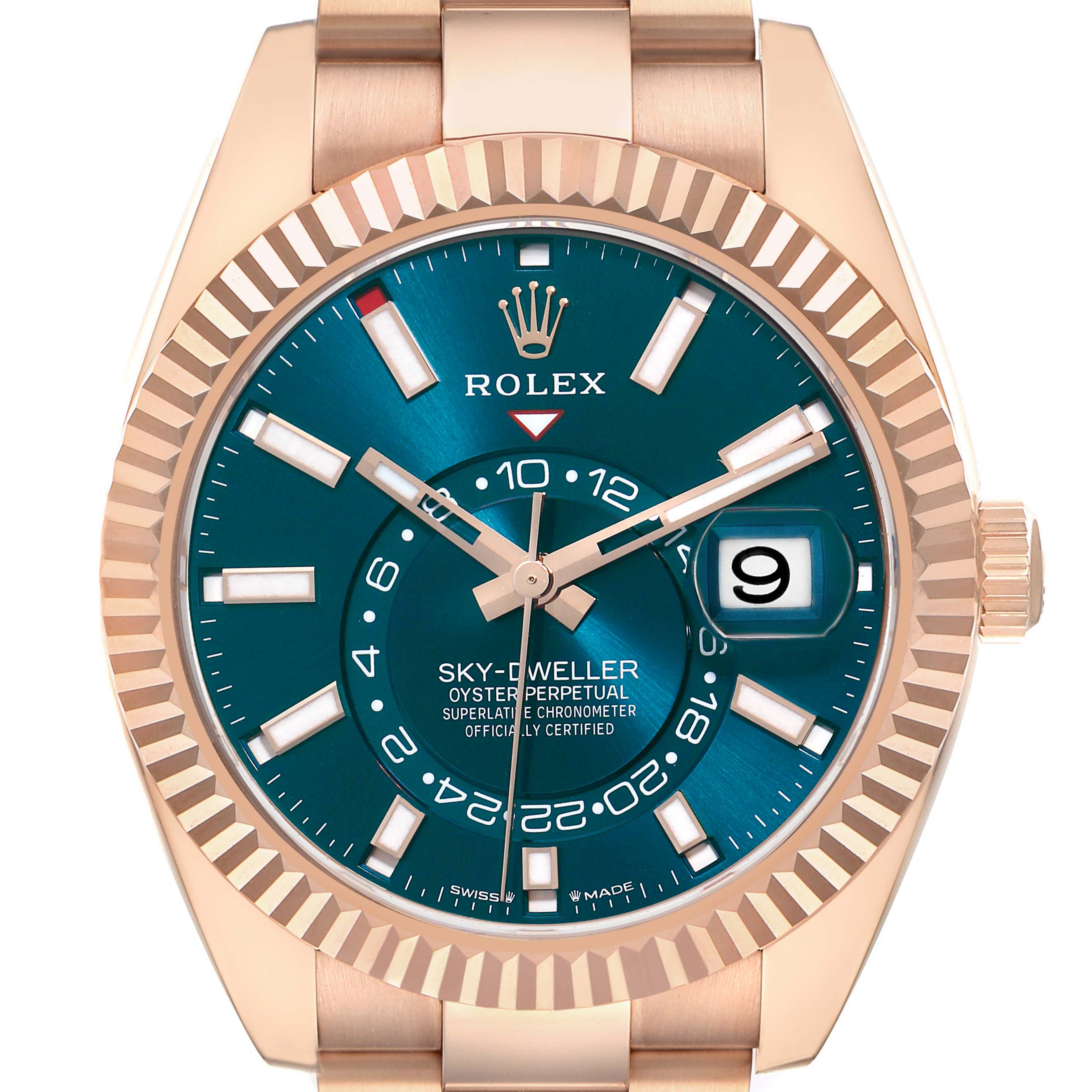 The image shows the Rolex Sky-Dweller 336935 Men's Rose Gold Blue Dial watch from a front angle, highlighting its blue dial, gold case, and fluted bezel.