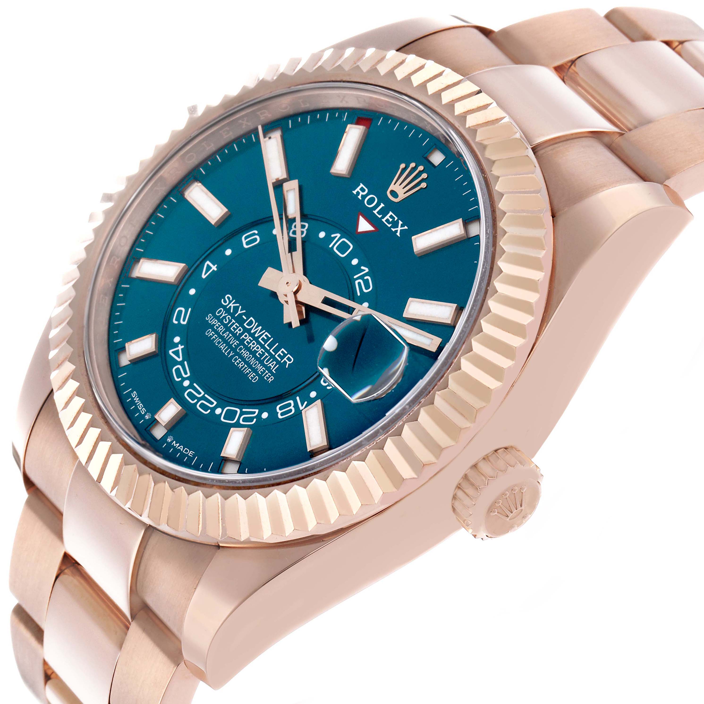 The Rolex Sky-Dweller 336935 Men's Rose Gold Blue Dial watch is shown at a slight angle, featuring the dial, bezel, case, crown, and part of the bracelet.