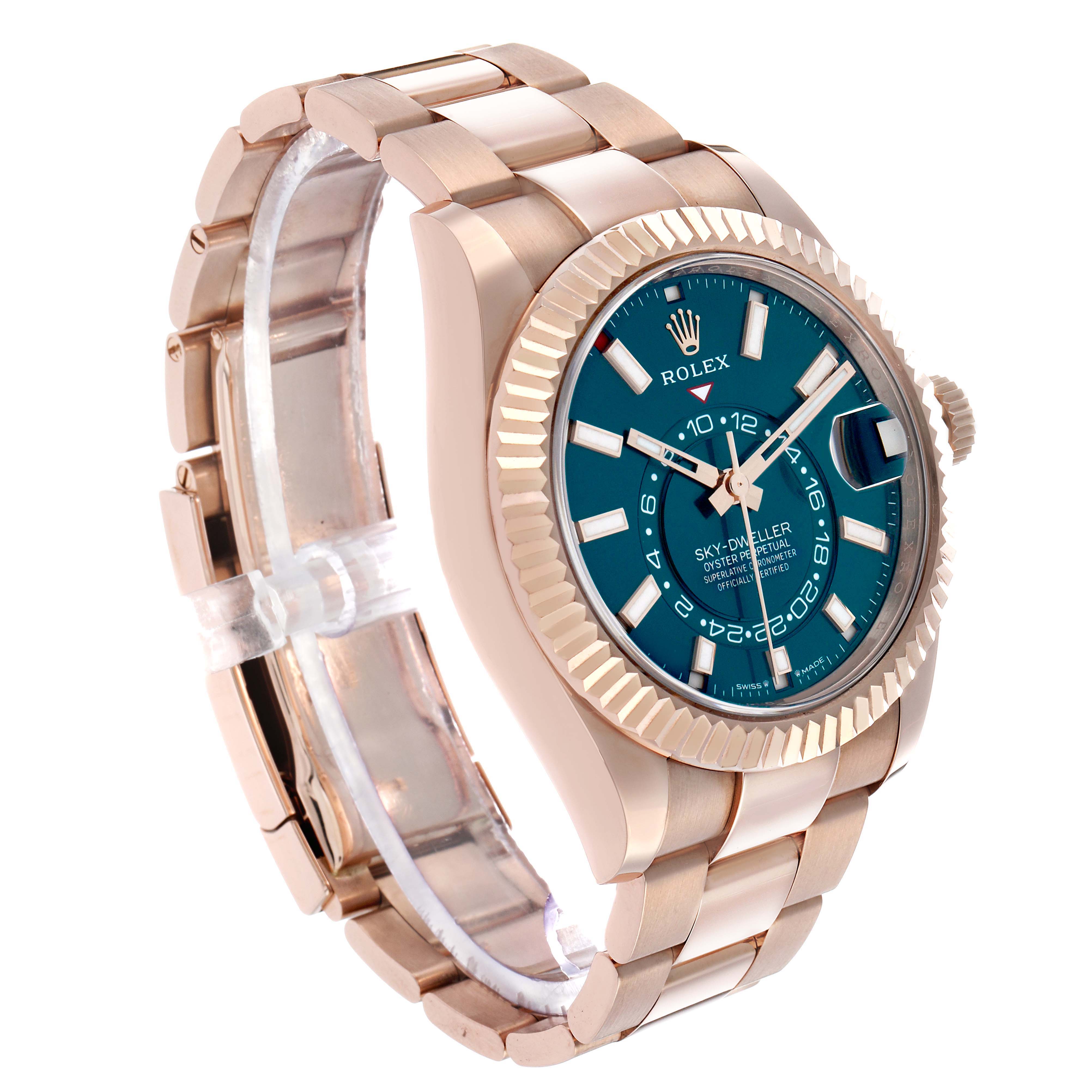 The Rolex Sky-Dweller 336935 Men's Rose Gold Blue Dial watch is shown at a three-quarter angle, displaying the face, case, and partial band.