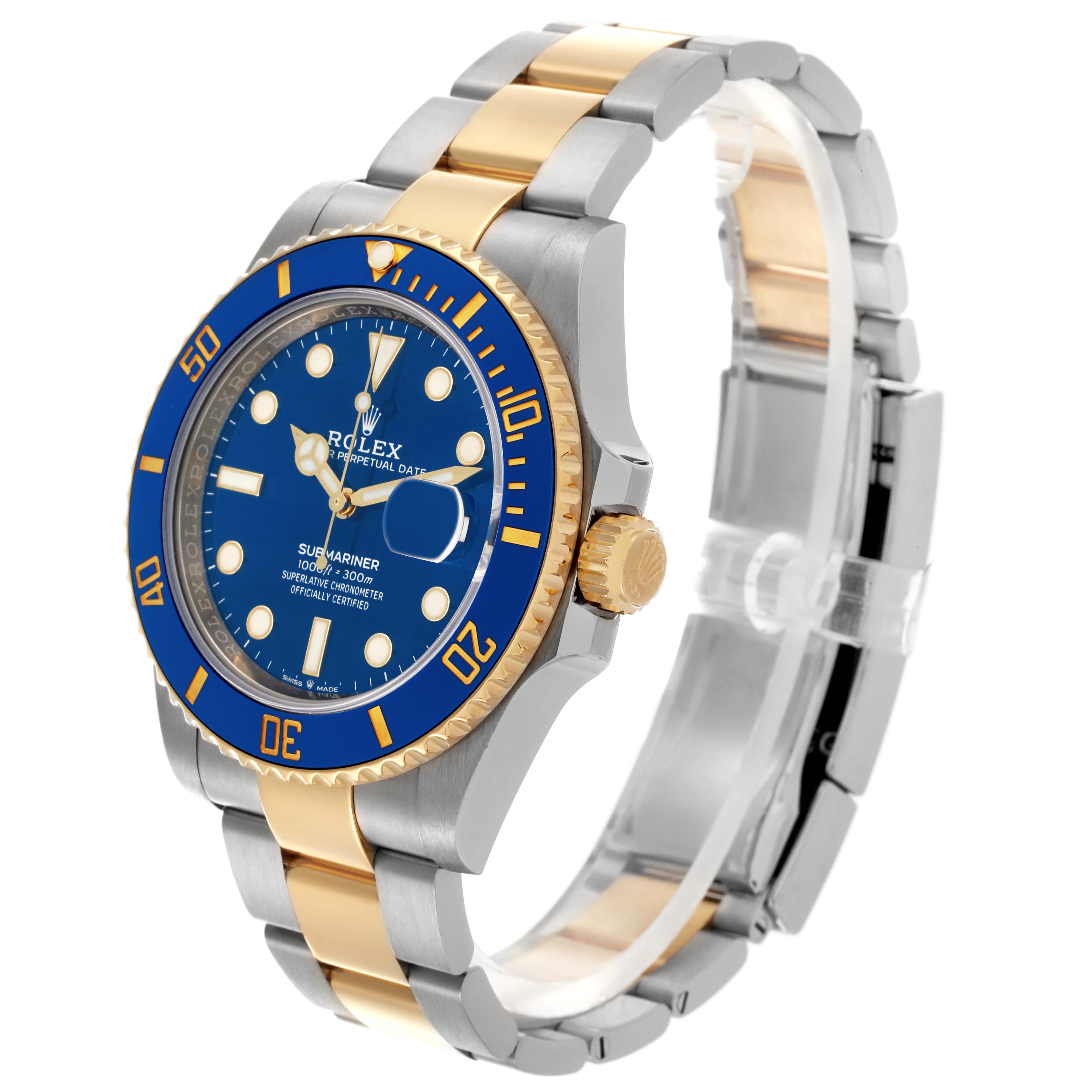 The Rolex Submariner 126613LB Men's Steel and Gold (two tone) Blue Dial 126613LB Men's Steel and Gold (two tone) Blue Dial watch is shown at a three-quarter angle, displaying the bezel, dial, crown, and a two-tone bracelet.