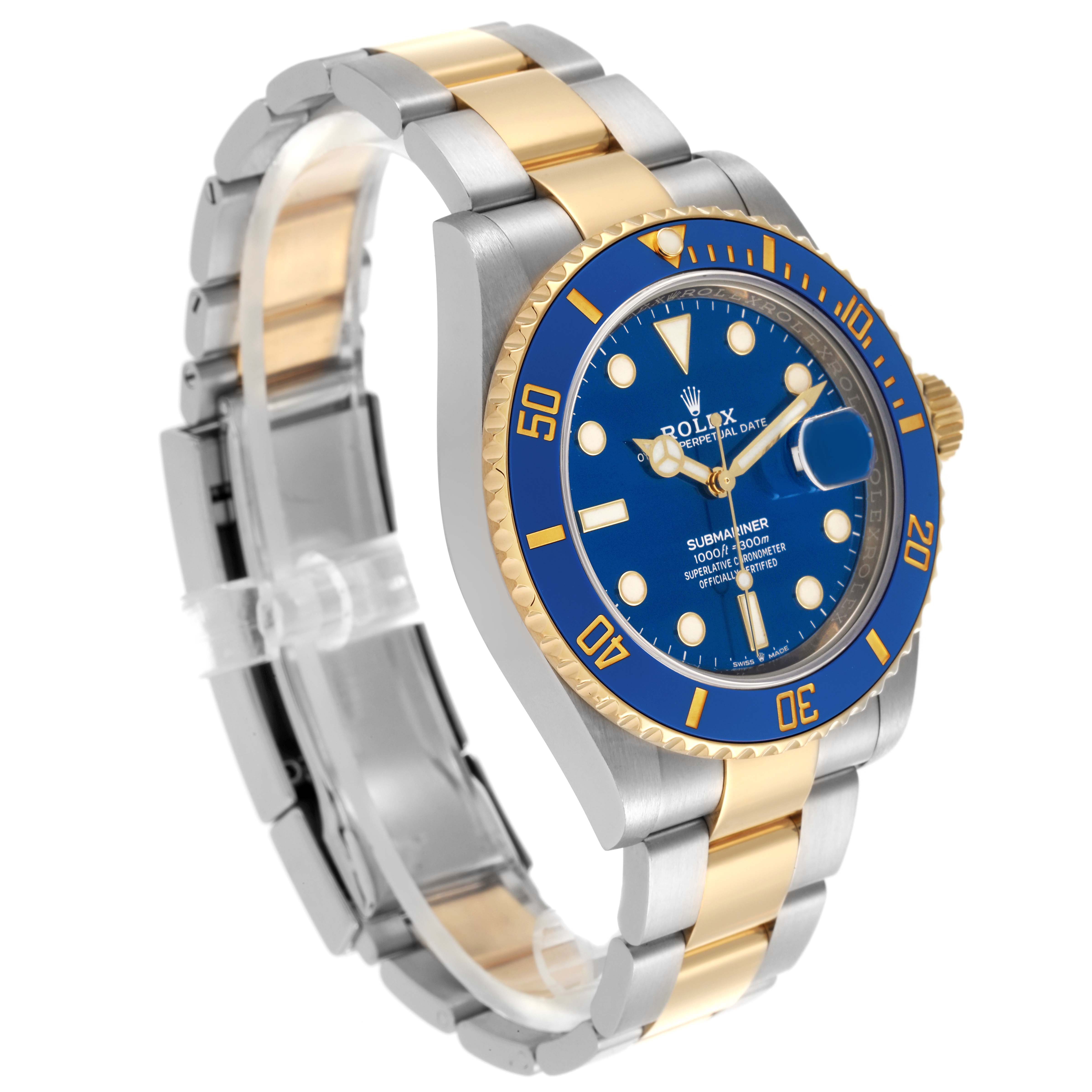 The Rolex Submariner 126613LB Men's Steel and Gold (two tone) Blue Dial 126613LB Men's Steel and Gold (two tone) Blue Dial is shown at a three-quarter angle, highlighting its blue bezel, dial, and two-tone bracelet.