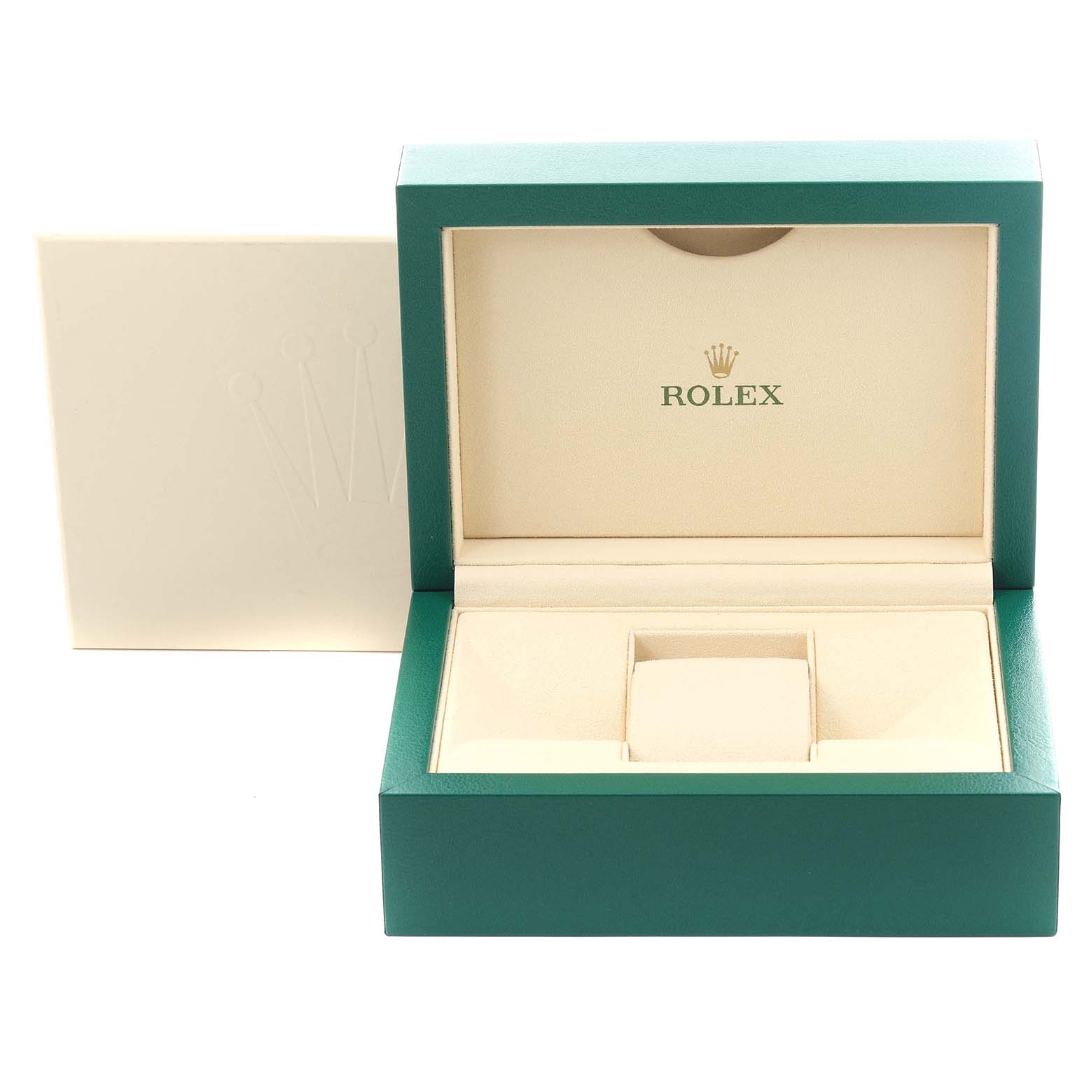 The image shows an open green and cream Rolex Submariner 126613LB Men's Steel and Gold (two tone) Blue Dial 126613LB Men's Steel and Gold (two tone) Blue Dial watch box from a front angle.