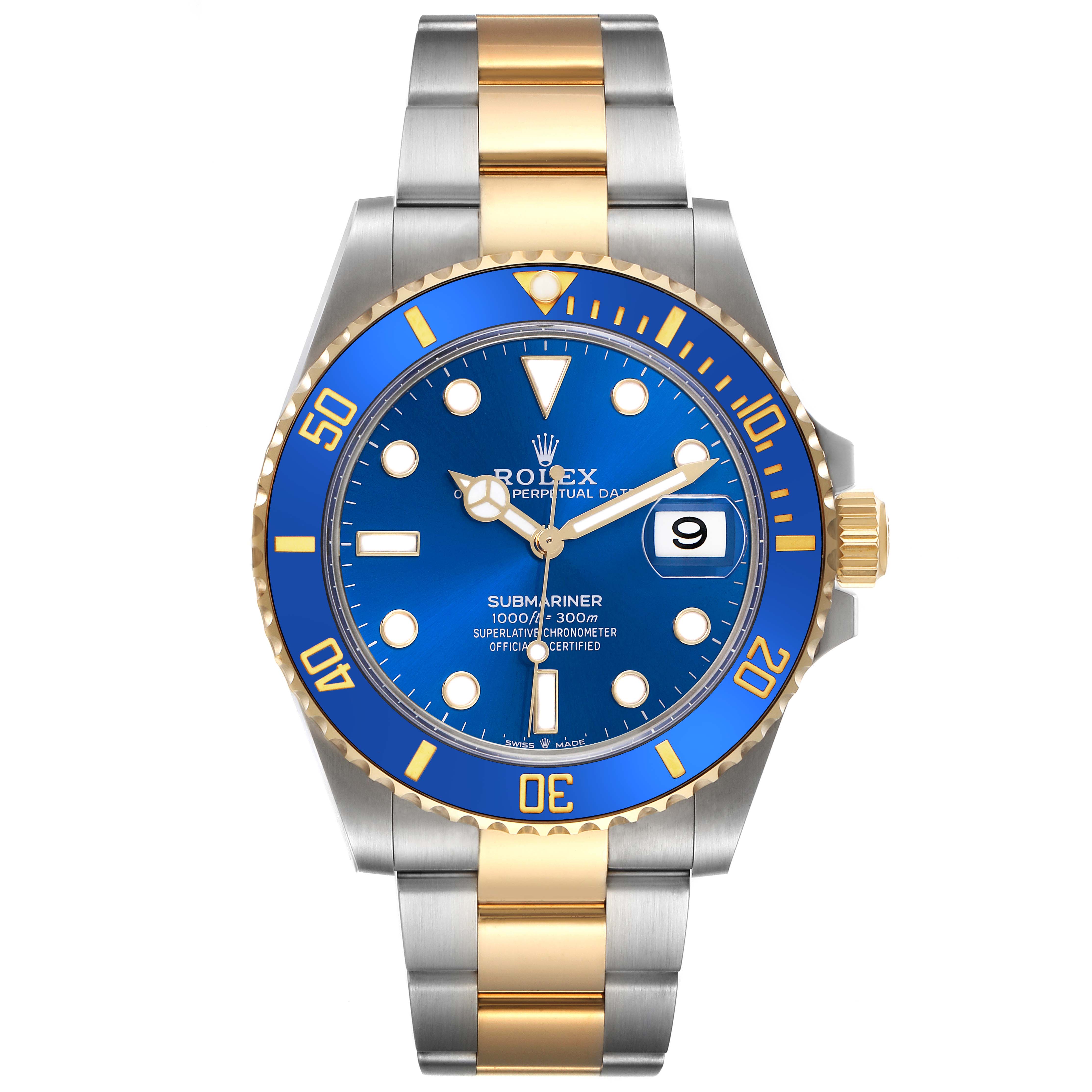 The Rolex Submariner 126613LB Men's Steel and Gold (two tone) Blue Dial 126613LB Men's Steel and Gold (two tone) Blue Dial watch is shown from a front angle, displaying the face, bezel, and bracelet.