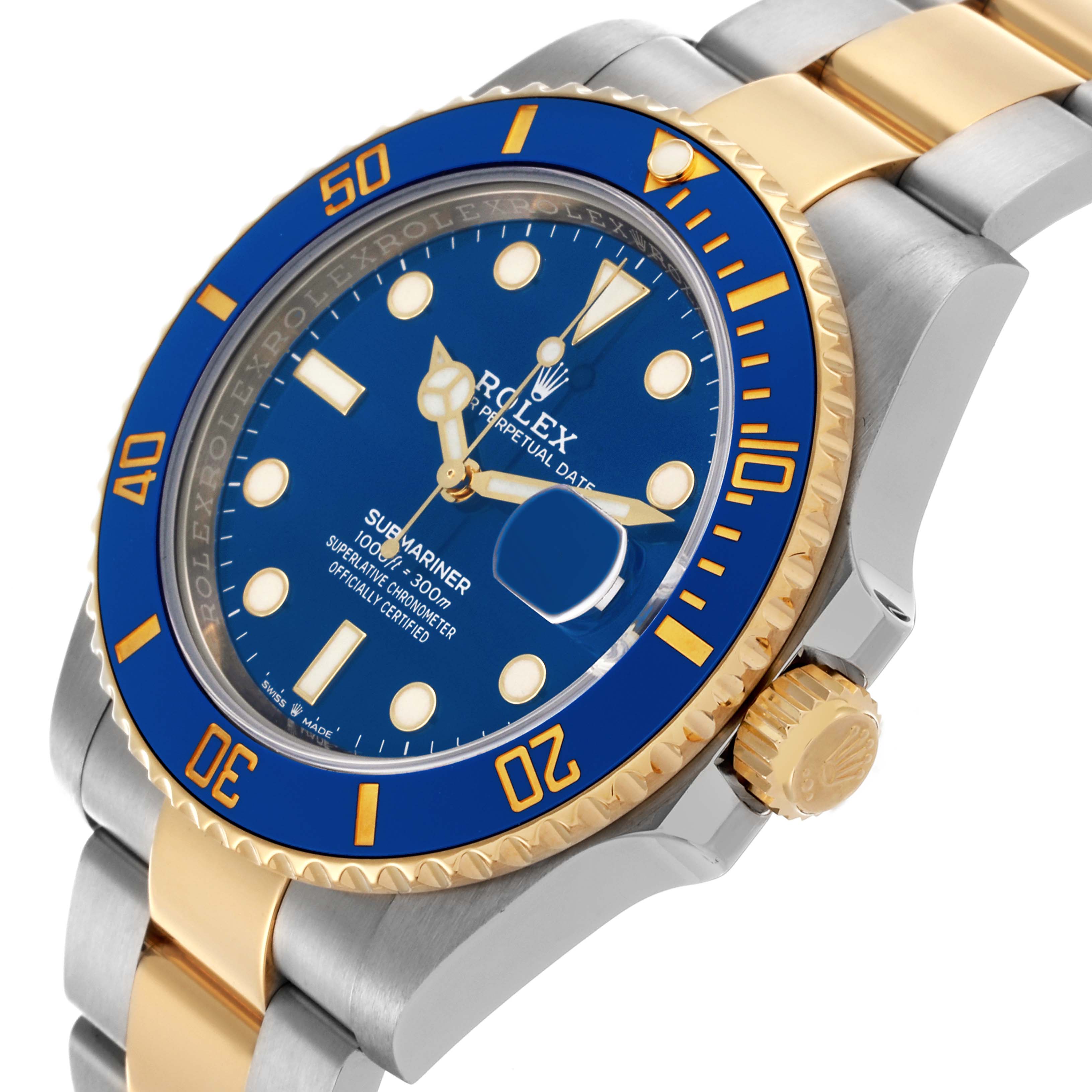 The Rolex Submariner 126613LB Men's Steel and Gold (two tone) Blue Dial 126613LB Men's Steel and Gold (two tone) Blue Dial is shown from a side angle, revealing the blue bezel, dial, and gold crown.