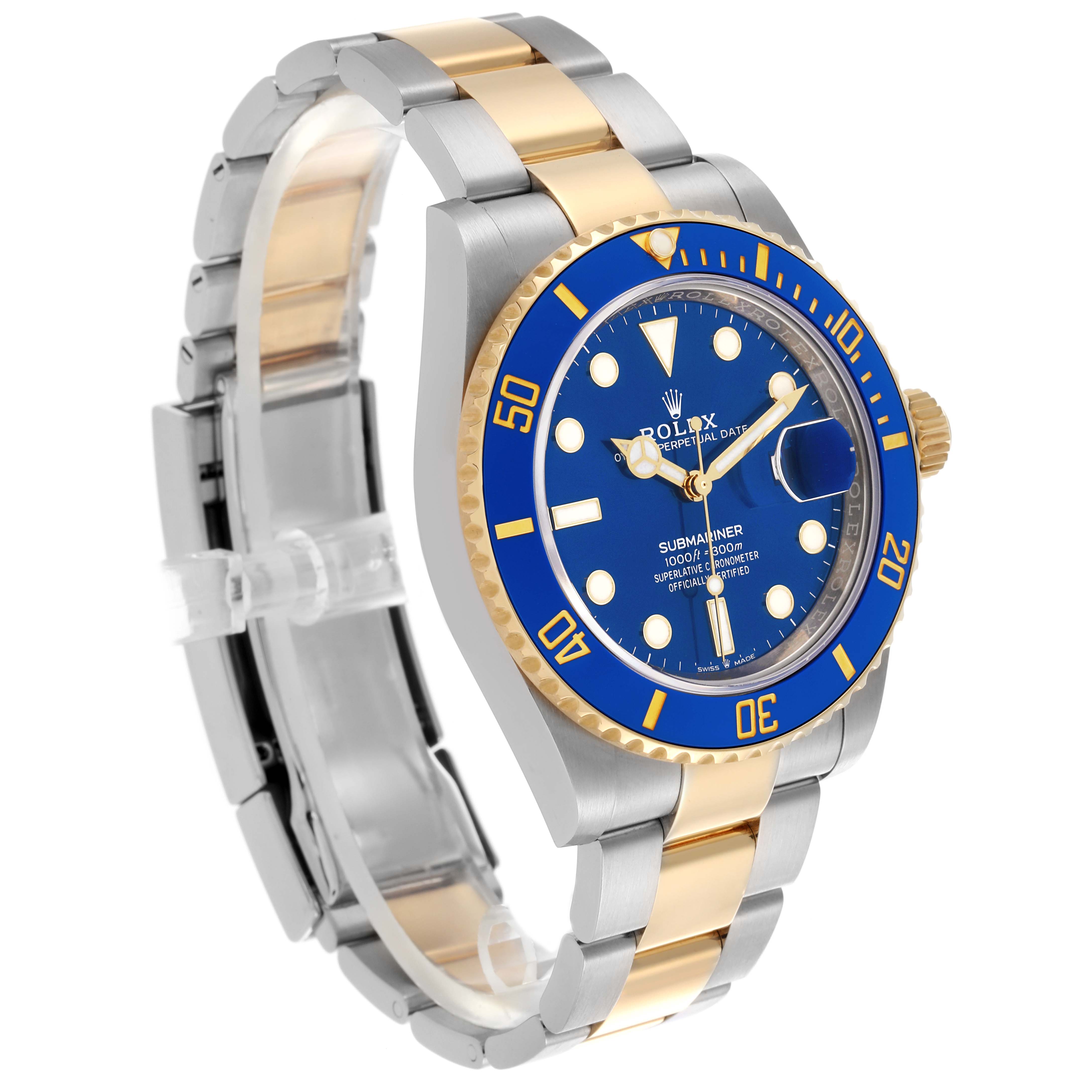 The Rolex Submariner 126613LB Men's Steel and Gold (two tone) Blue Dial 126613LB Men's Steel and Gold (two tone) Blue Dial is shown at a three-quarter angle, highlighting the blue bezel, dial, and two-tone bracelet.