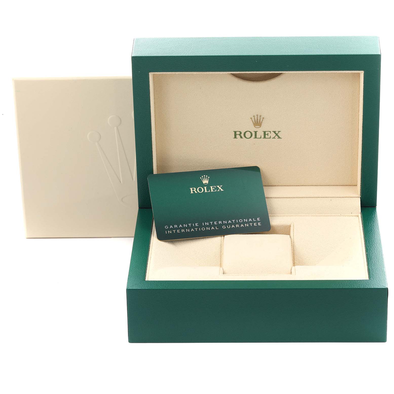 The image shows a Rolex Submariner 126613LB Men's Steel and Gold (two tone) Blue Dial 126613LB Men's Steel and Gold (two tone) Blue Dial's open green box and a guarantee card, viewed from the front.