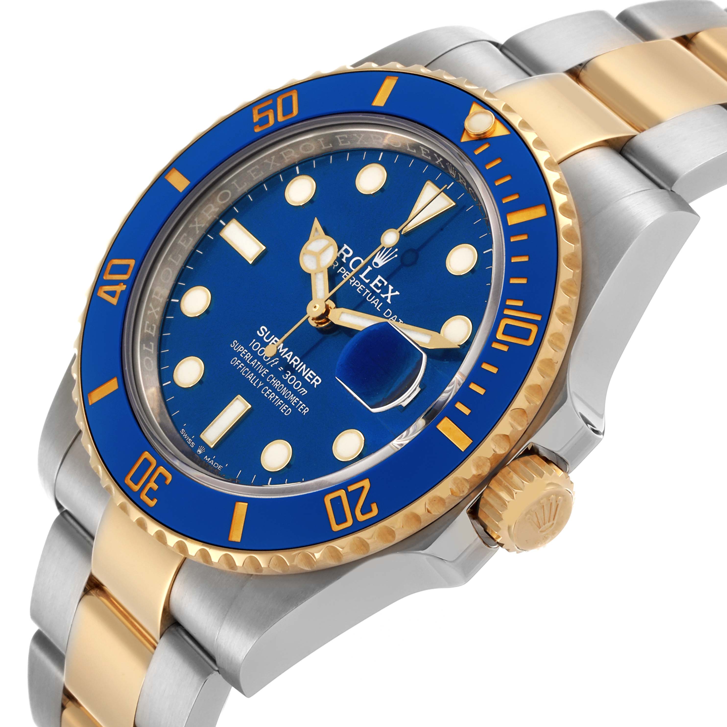 The Rolex Submariner 126613LB Men's Steel and Gold (two tone) Blue Dial 126613LB Men's Steel and Gold (two tone) Blue Dial watch is shown at a three-quarter angle, highlighting the blue dial, bezel, and gold accents.