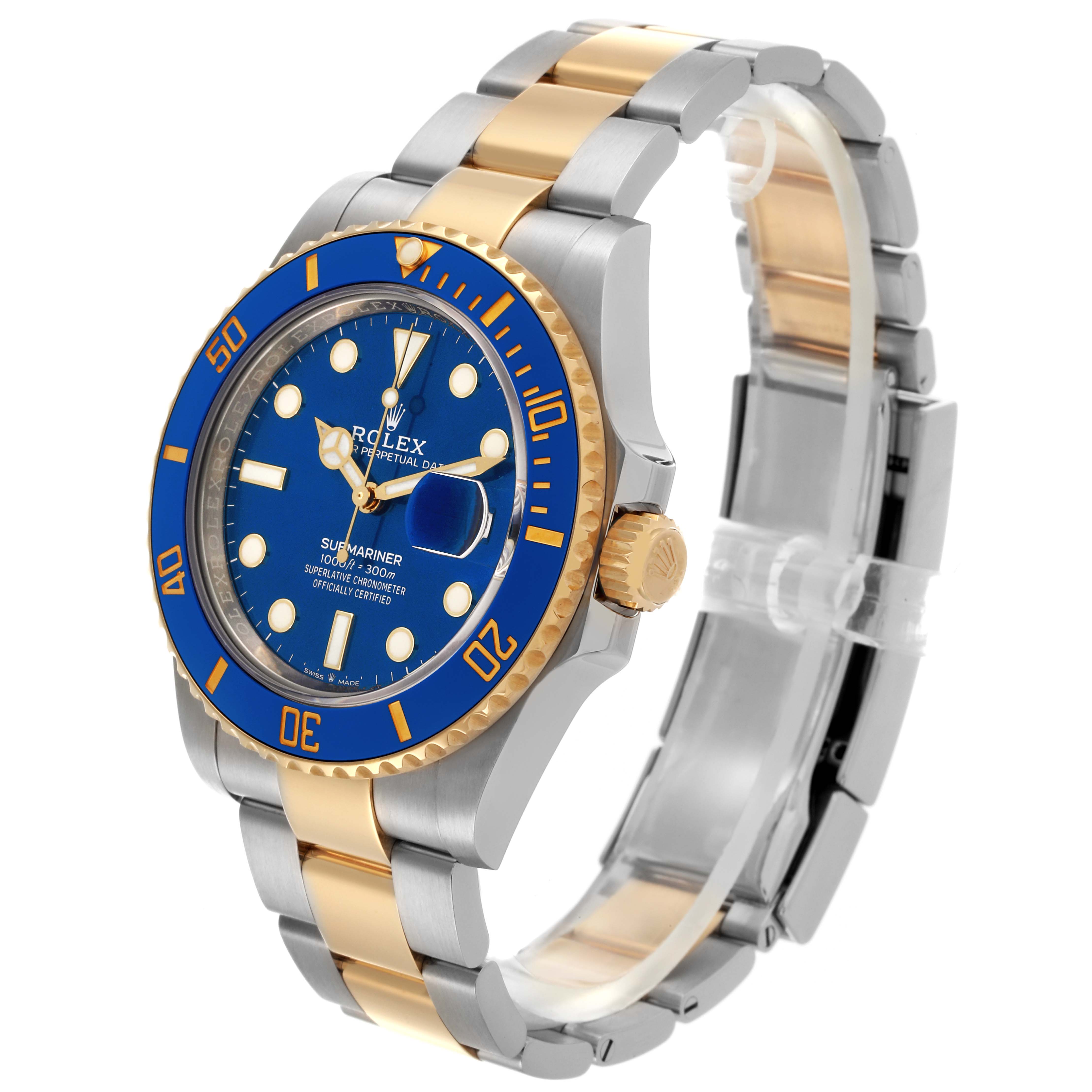 The Rolex Submariner 126613LB Men's Steel and Gold (two tone) Blue Dial 126613LB Men's Steel and Gold (two tone) Blue Dial watch is shown at a slight angle, displaying the face, bezel, crown, and part of the bracelet.