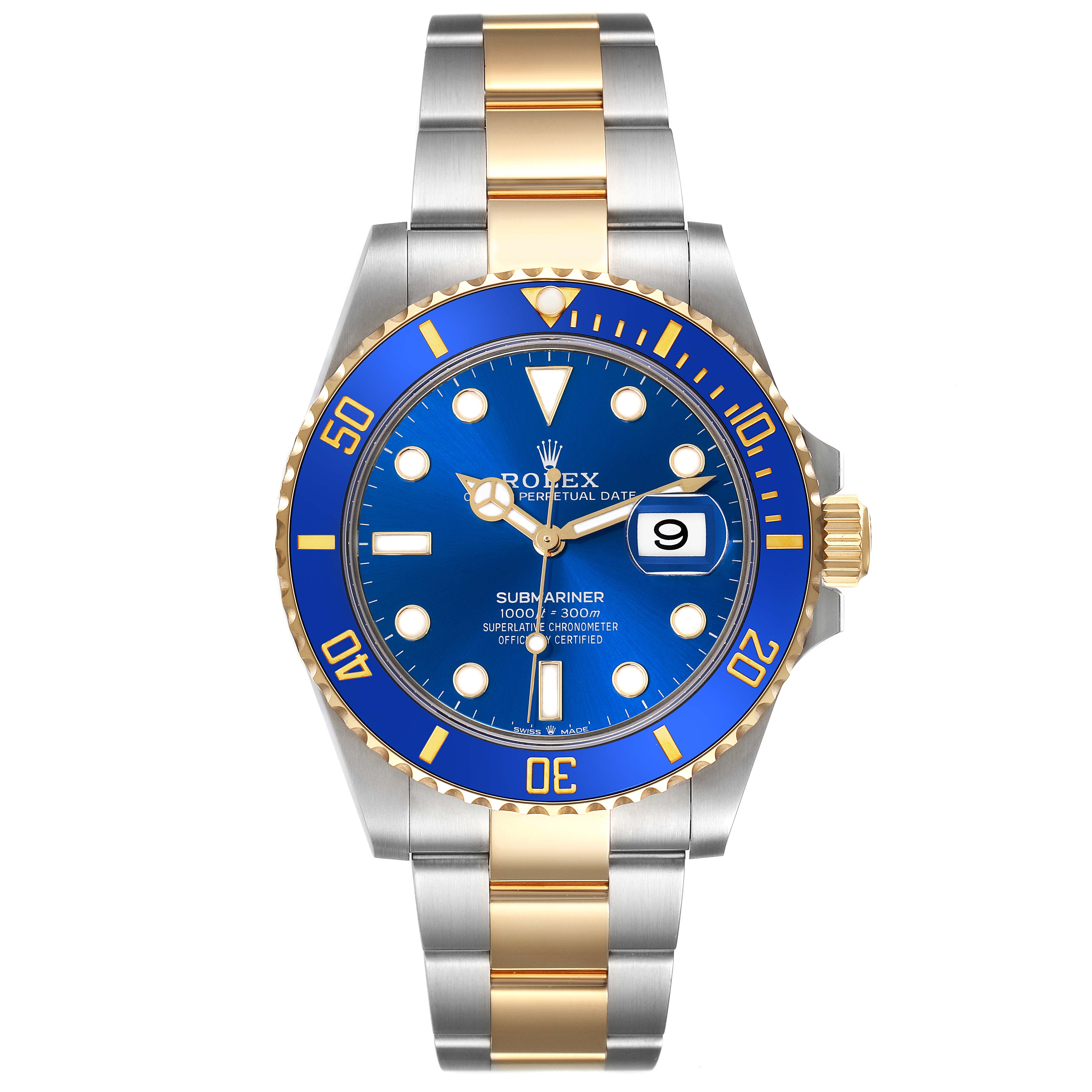 The image shows a front view of the Rolex Submariner 126613LB Men's Steel and Gold (two tone) Blue Dial 126613LB Men's Steel and Gold (two tone) Blue Dial, highlighting its blue dial, bezel, and two-tone bracelet.