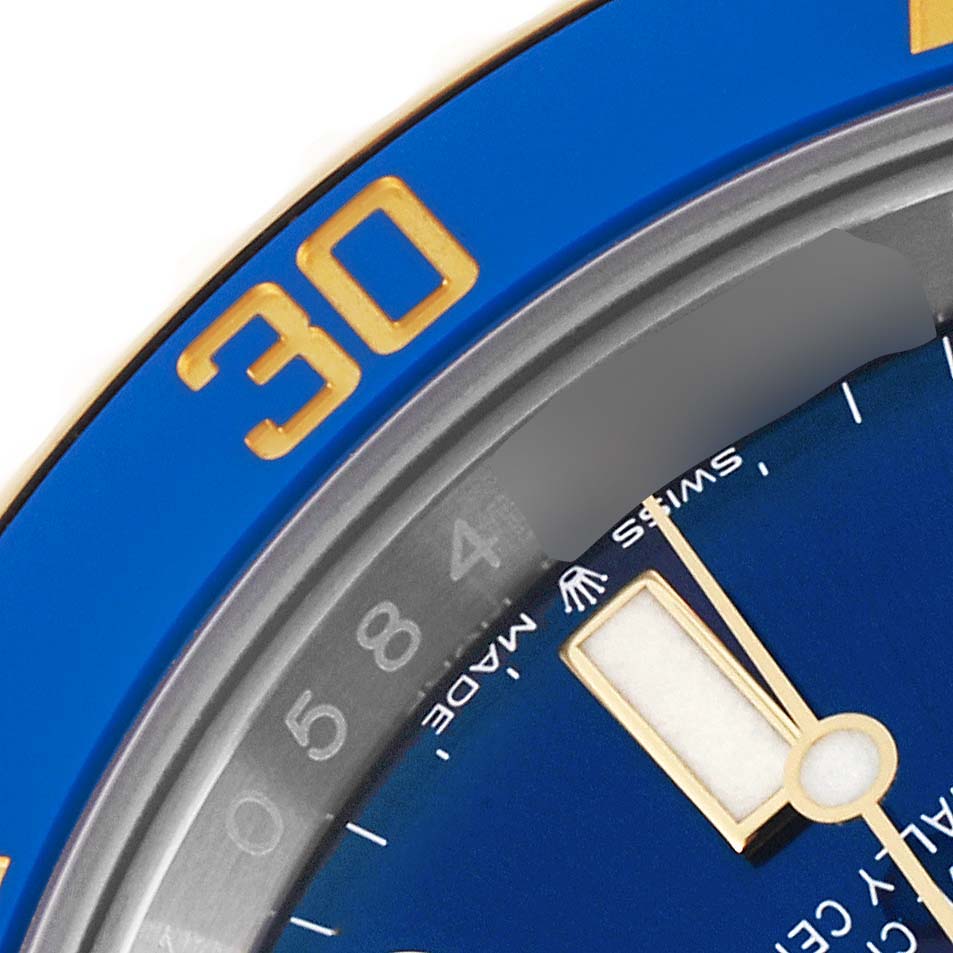 The image shows a close-up of the blue bezel and partial dial of a Rolex Submariner 126613LB Men's Steel and Gold (two tone) Blue Dial 126613LB Men's Steel and Gold (two tone) Blue Dial, featuring the numeral "30."
