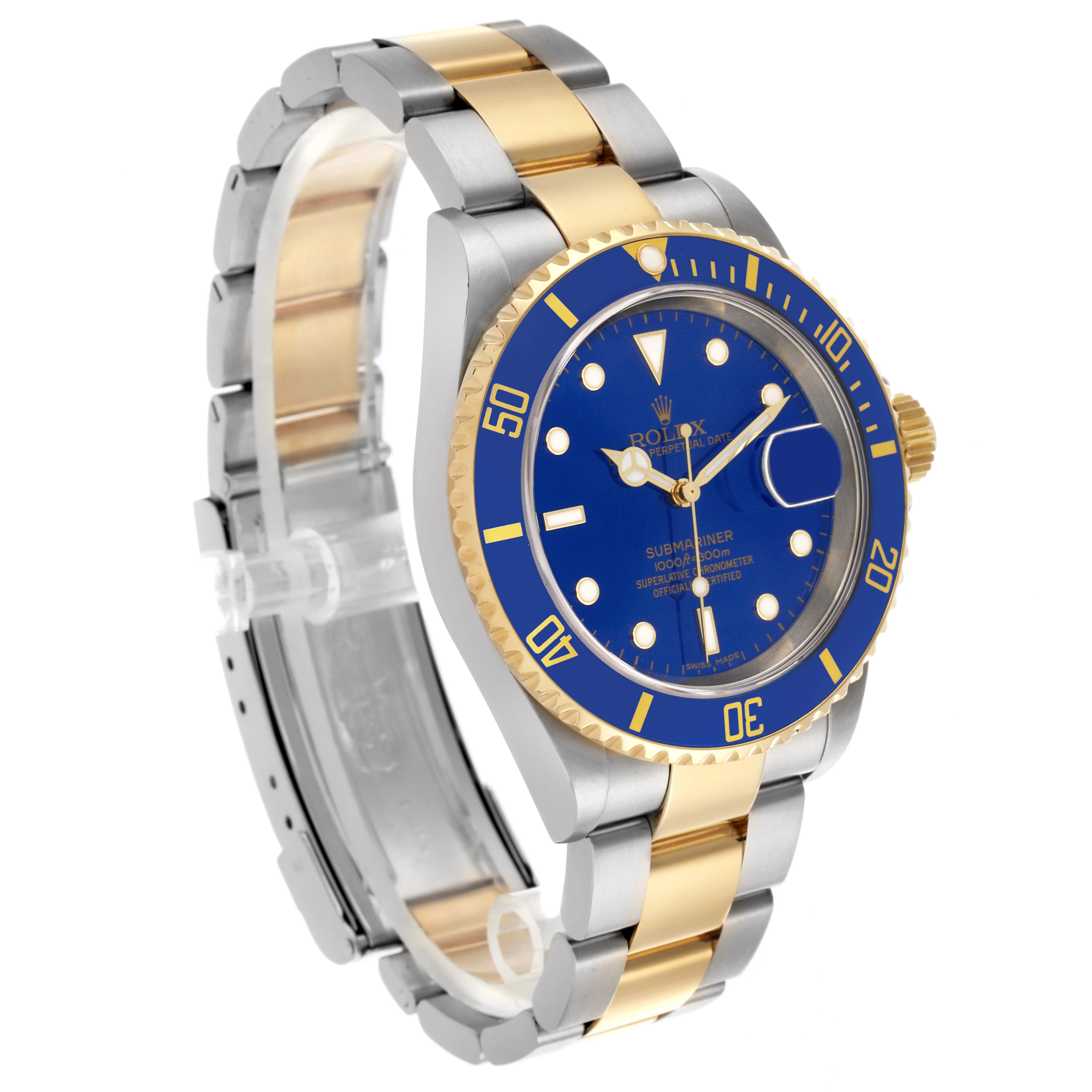 The Rolex Submariner 16613 Men's Steel and Gold (two tone) Blue Dial 16613 Men's Steel and Gold (two tone) Blue Dial watch is shown at a three-quarter angle, highlighting the dial, bezel, and two-tone bracelet.