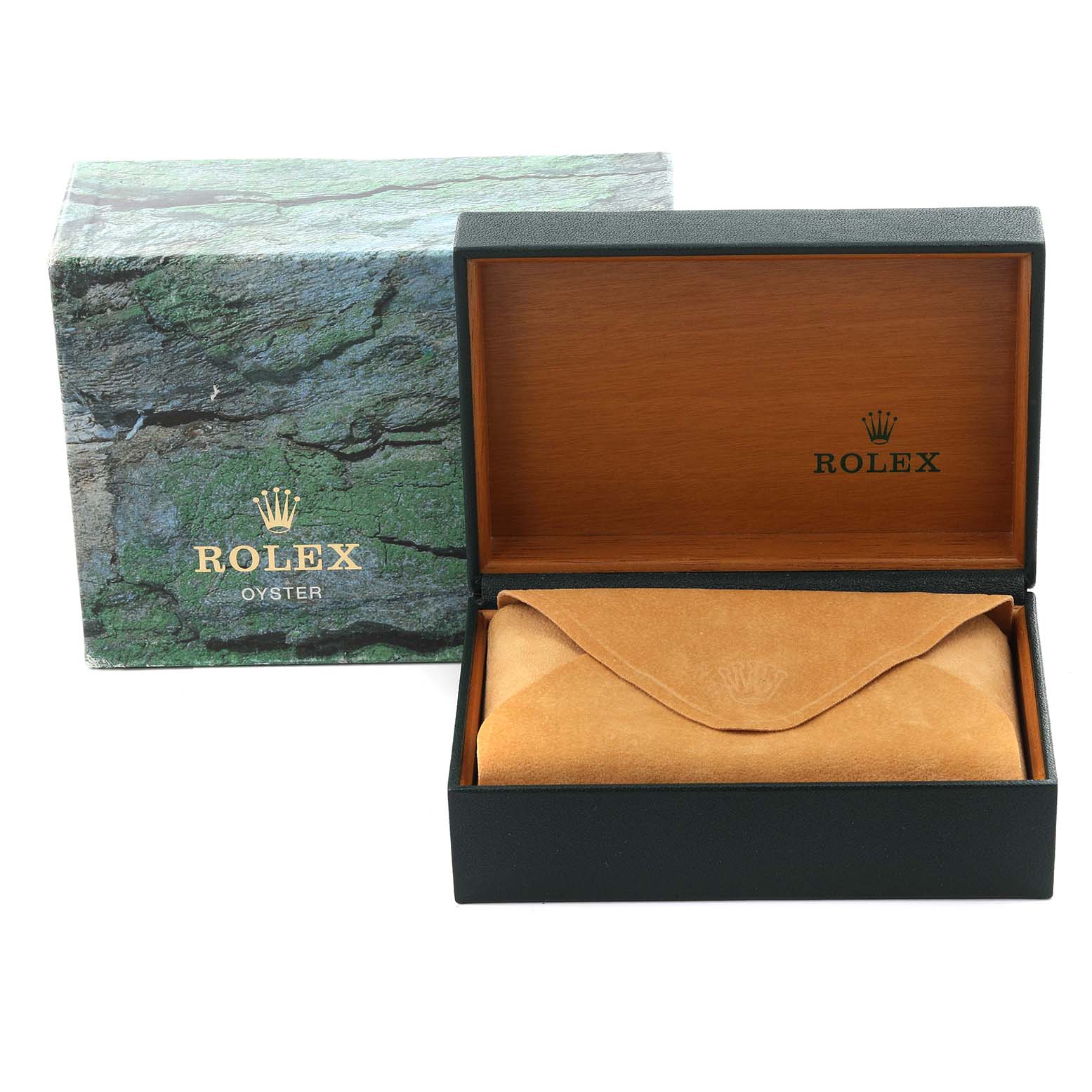 The image shows a Rolex Submariner 16613 Men's Steel and Gold (two tone) Blue Dial 16613 Men's Steel and Gold (two tone) Blue Dial box, open with a leather pouch inside, alongside the outer box.