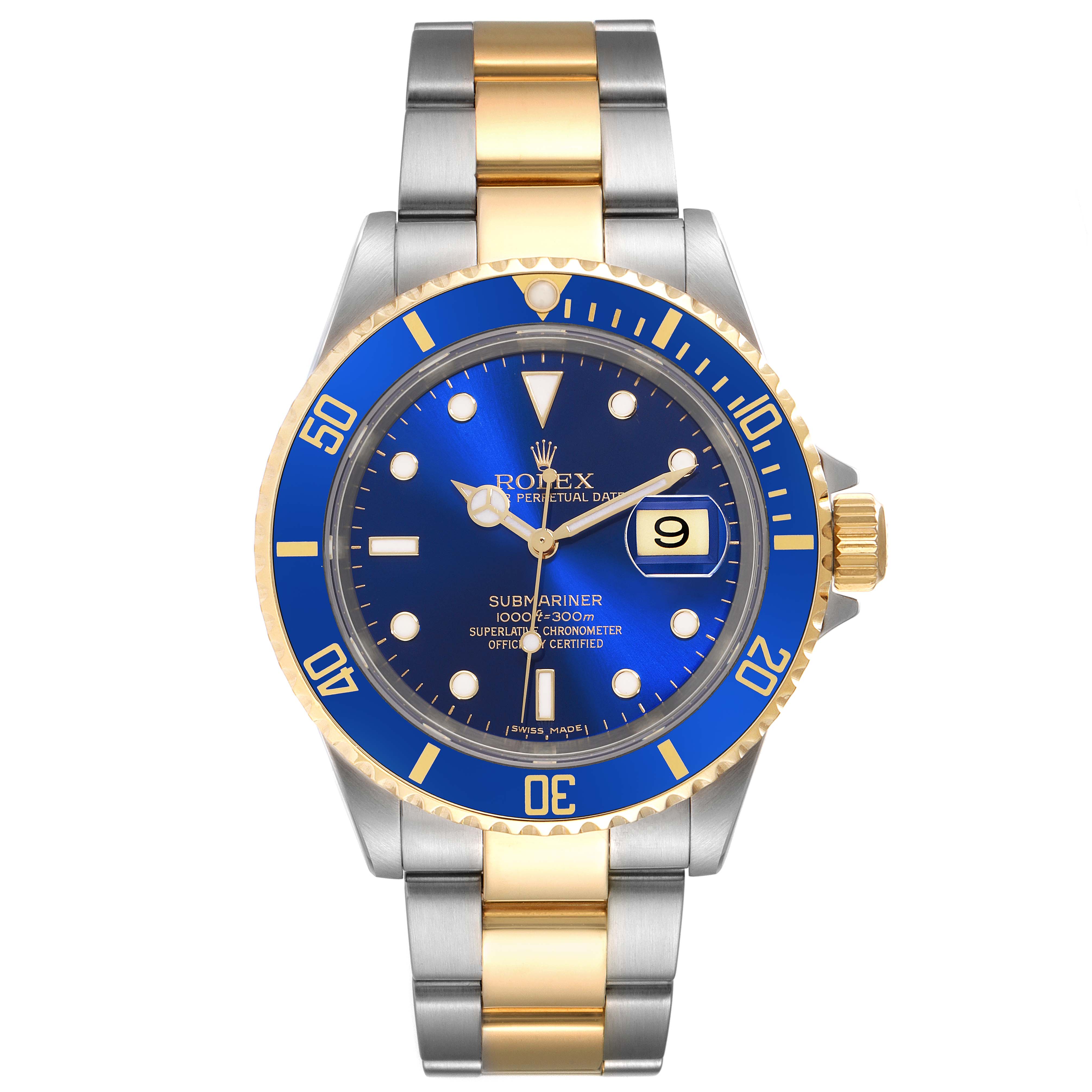 The Rolex Submariner 16613 Men's Steel and Gold (two tone) Blue Dial 16613 Men's Steel and Gold (two tone) Blue Dial watch is shown from a front angle, highlighting the dial, bezel, and bracelet.