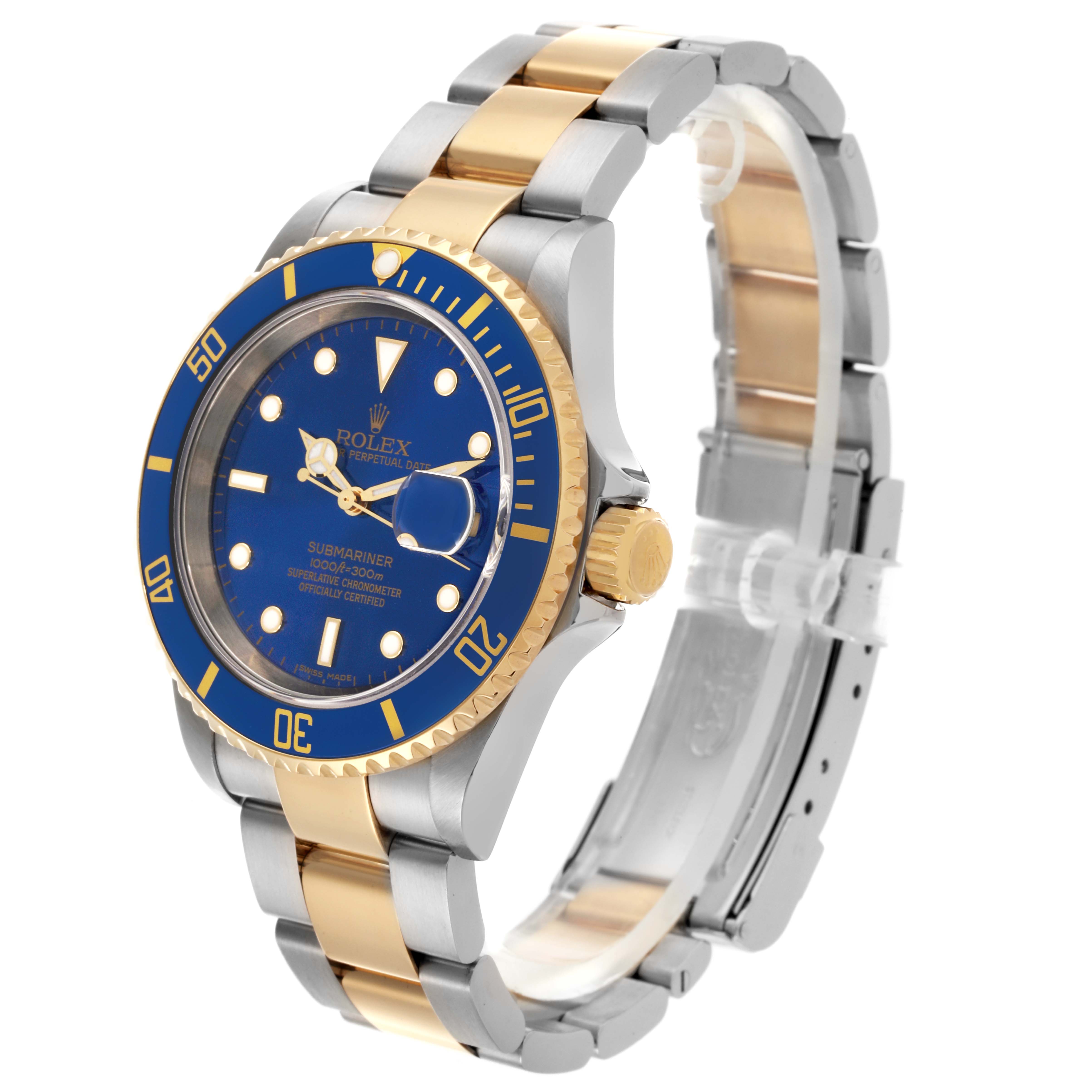 The Rolex Submariner 16613 Men's Steel and Gold (two tone) Blue Dial 16613 Men's Steel and Gold (two tone) Blue Dial watch is shown at a slight angle, highlighting the blue and gold bezel, dial, and two-tone bracelet.