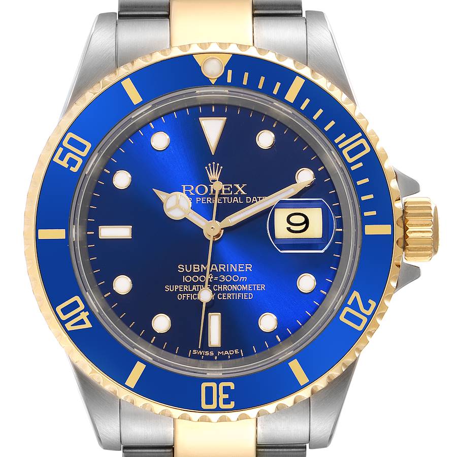 The Rolex Submariner watch is shown from the front, highlighting the blue bezel, dial, and gold crown.