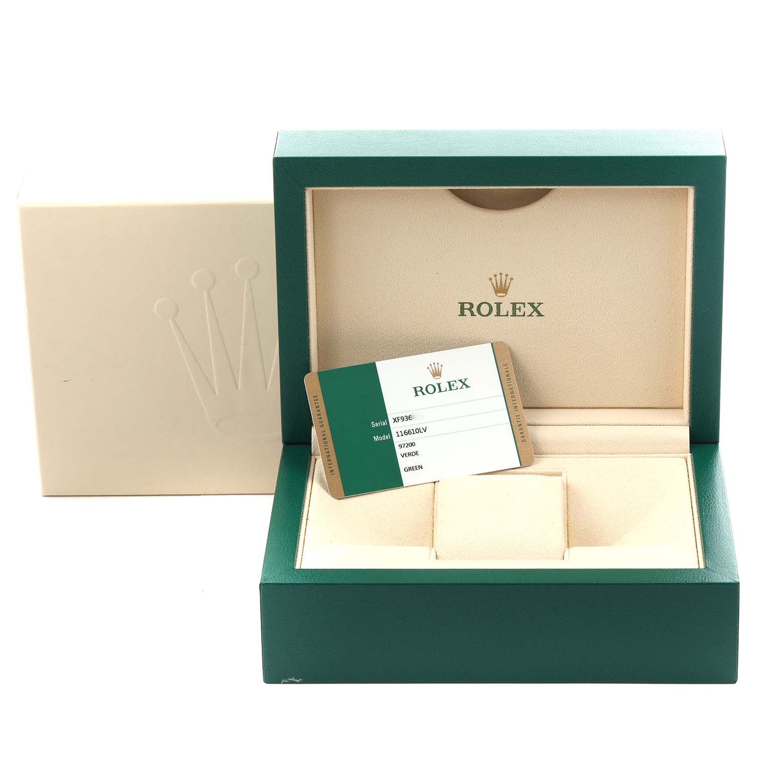 The image shows a Rolex Submariner 116610LV Men
s Stainless Steel Green Dial 116610LV Men
s Stainless Steel Green Dial box at an angle, displaying its interior and accompanying card.