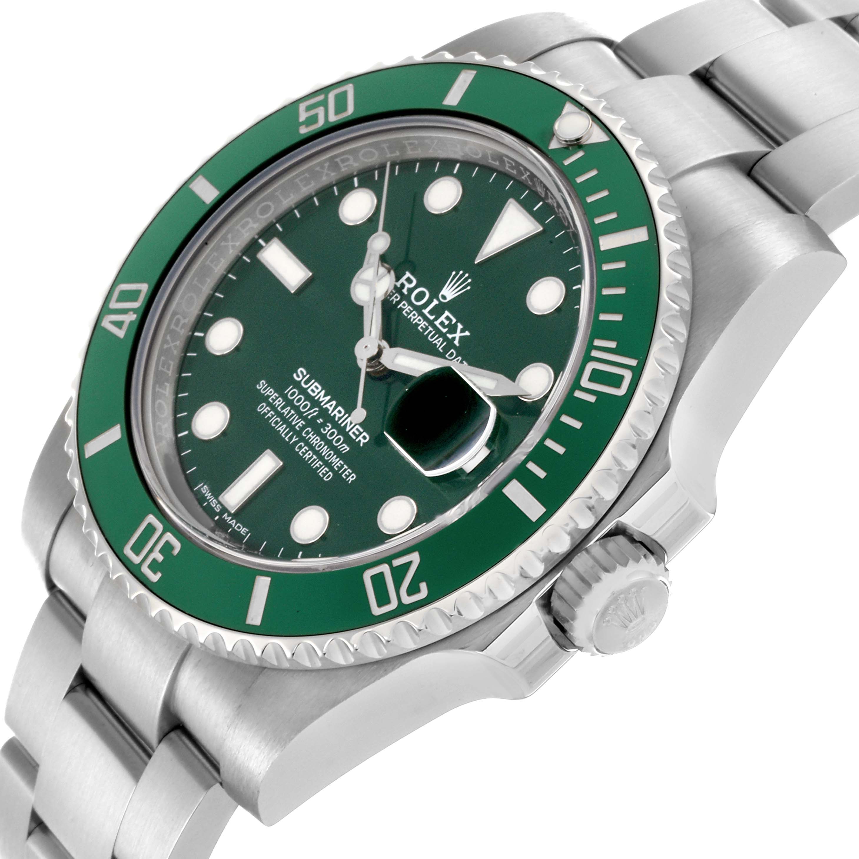 The Rolex Submariner 116610LV Men
s Stainless Steel Green Dial 116610LV Men
s Stainless Steel Green Dial is shown from a side angle, highlighting the green bezel and stainless steel bracelet.