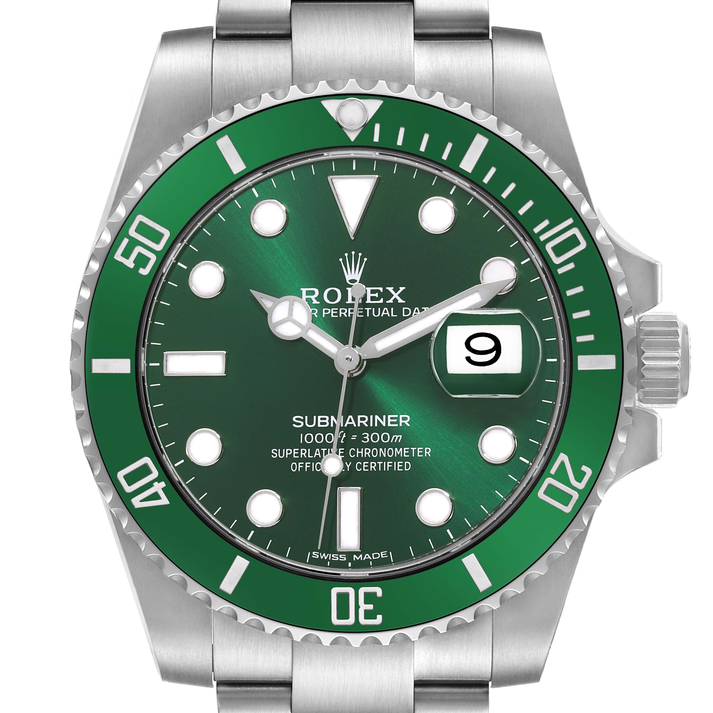 The image shows a front view of a Rolex Submariner 116610LV Men
s Stainless Steel Green Dial 116610LV Men
s Stainless Steel Green Dial, highlighting the dial, bezel, and part of the bracelet.