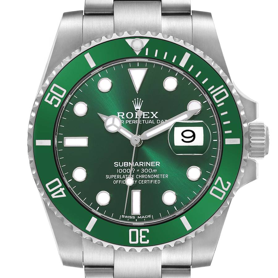 The image shows a front view of a Rolex Submariner, highlighting the dial, bezel, and part of the bracelet.