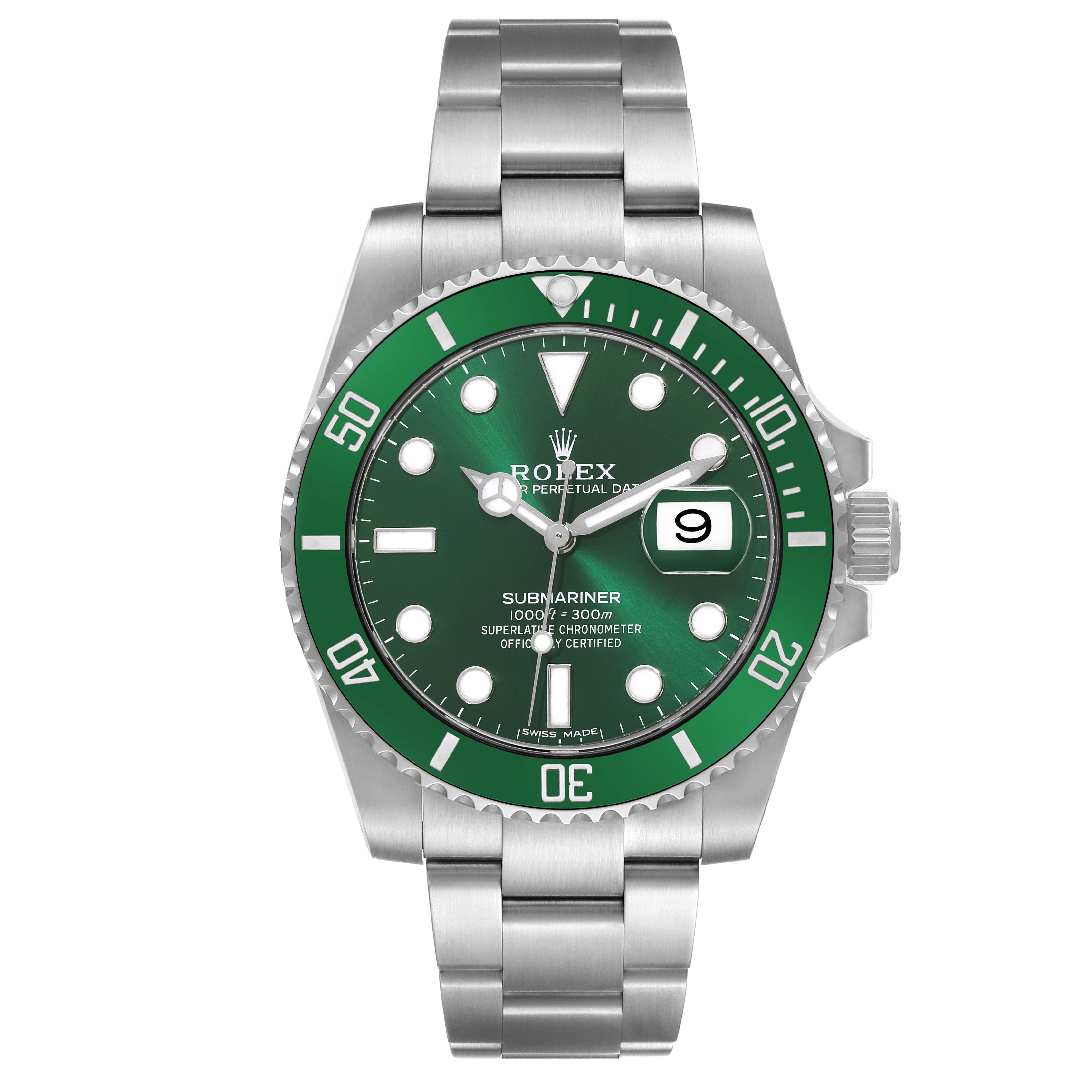 The image shows a front view of a Rolex Submariner 116610LV Men
s Stainless Steel Green Dial 116610LV Men
s Stainless Steel Green Dial watch, displaying the dial, bezel, bracelet, and date window.