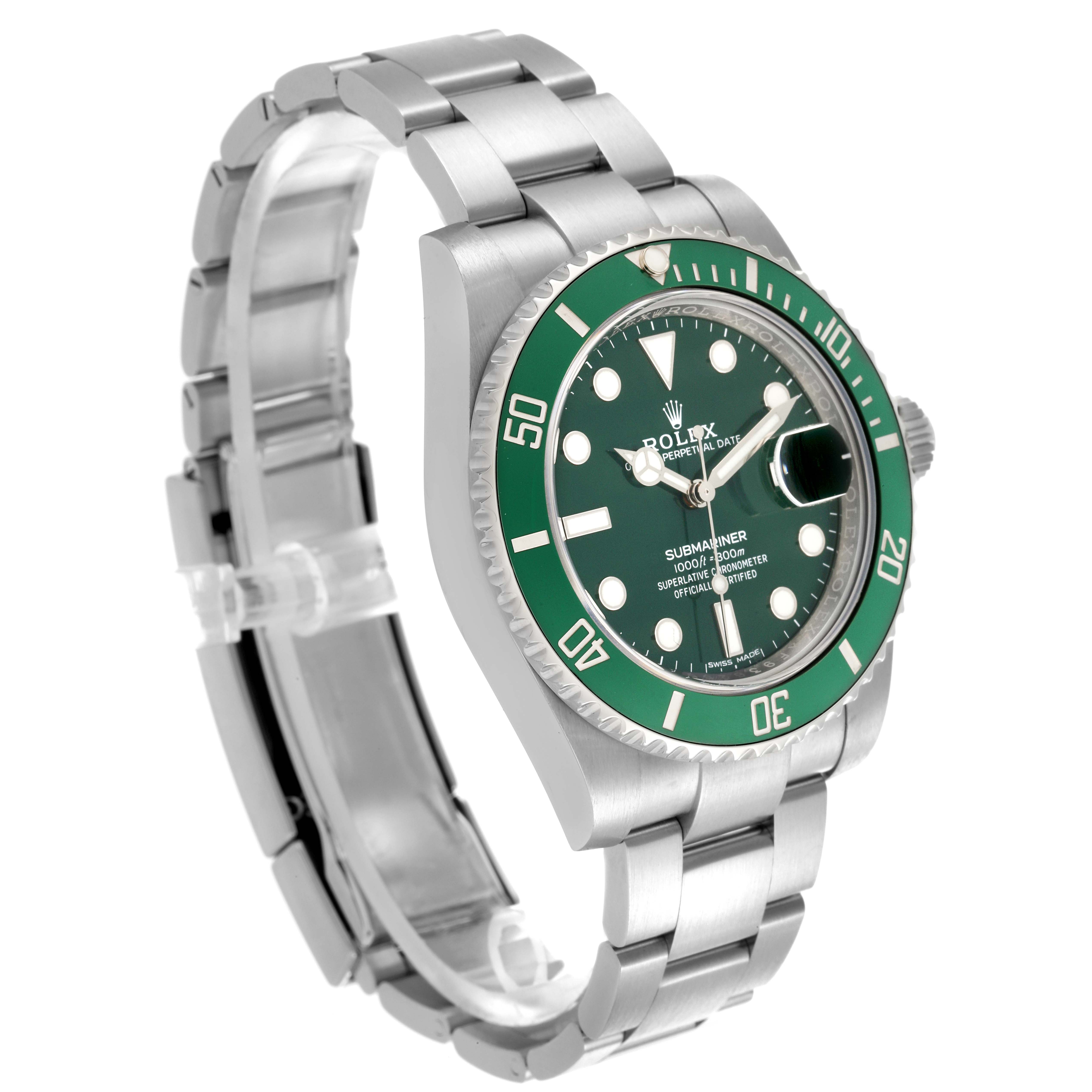 The Rolex Submariner 116610LV Men
s Stainless Steel Green Dial 116610LV Men
s Stainless Steel Green Dial watch is shown at an angle highlighting the face, bezel, crown, and part of the bracelet.