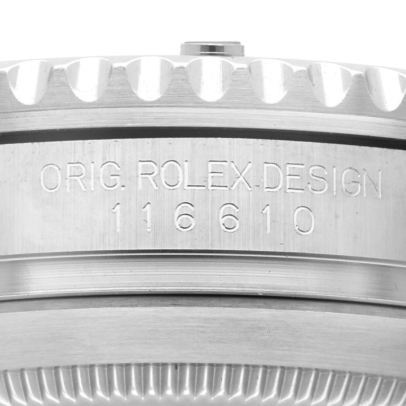 The image shows a close-up of the side casing of a Rolex Submariner 116610LV Men
s Stainless Steel Green Dial 116610LV Men
s Stainless Steel Green Dial, highlighting the model number engraving.