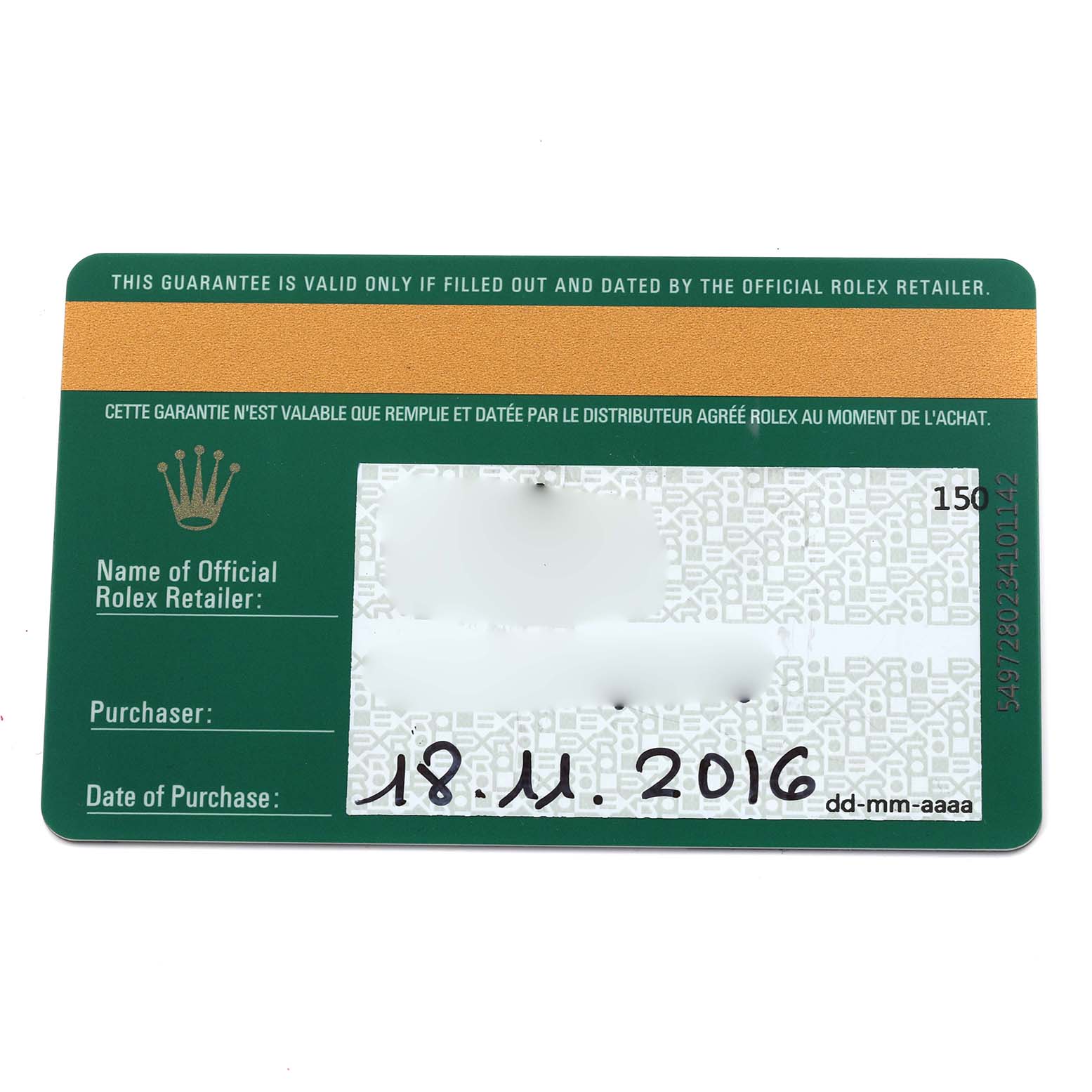 This image shows a warranty card for a Rolex Submariner 116610LV Men
s Stainless Steel Green Dial 116610LV Men
s Stainless Steel Green Dial watch, displaying purchase details.