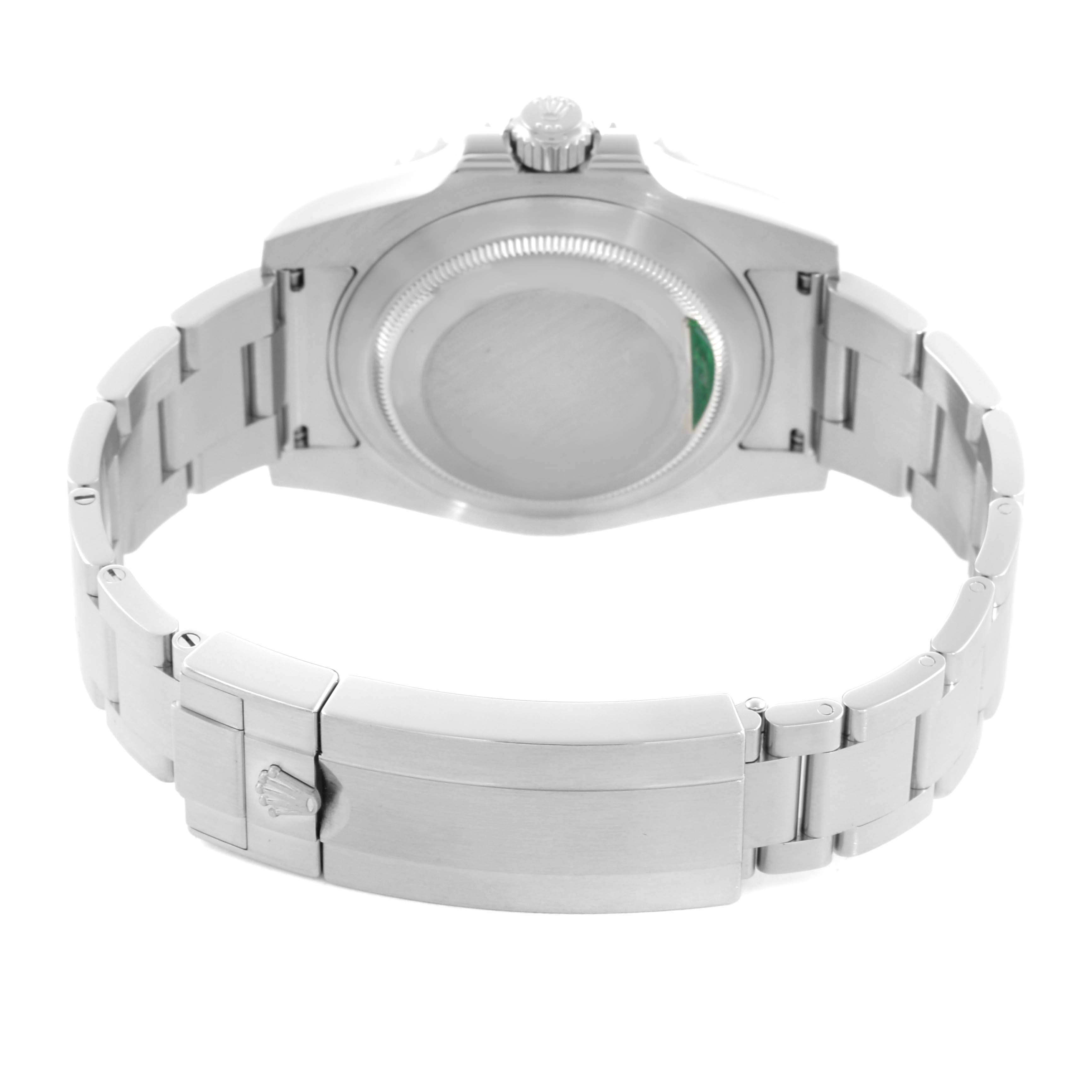 The image shows the backside and bracelet clasp of a Rolex Submariner 116610LV Men
s Stainless Steel Green Dial 116610LV Men
s Stainless Steel Green Dial watch.
