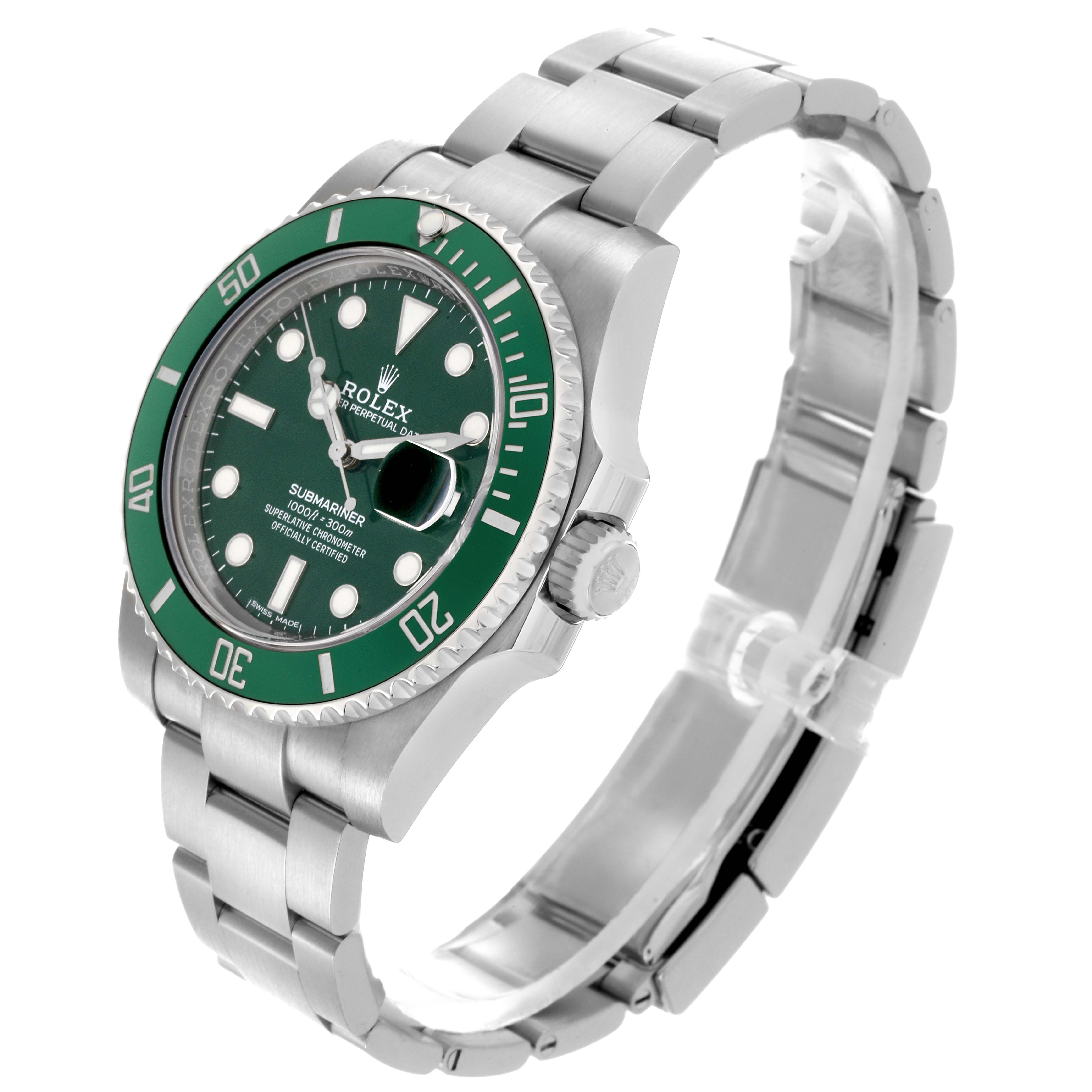 The Rolex Submariner 116610LV Men
s Stainless Steel Green Dial 116610LV Men
s Stainless Steel Green Dial watch is shown at an angle displaying the green bezel, dial, case, crown, and stainless steel bracelet.