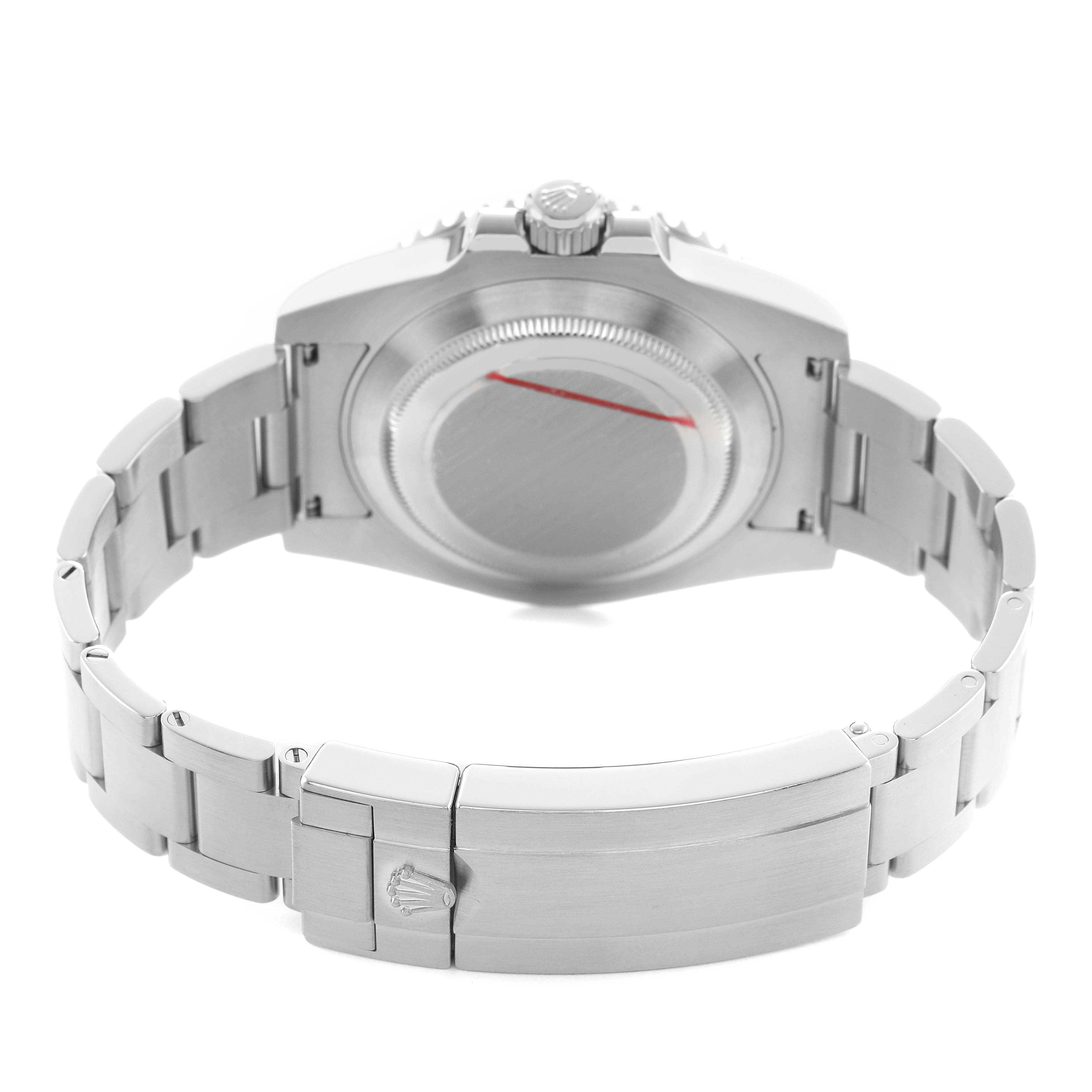 The image shows the back of a Rolex Submariner 116610LV Men's Stainless Steel Green Dial, highlighting the case back and the bracelet with clasp.