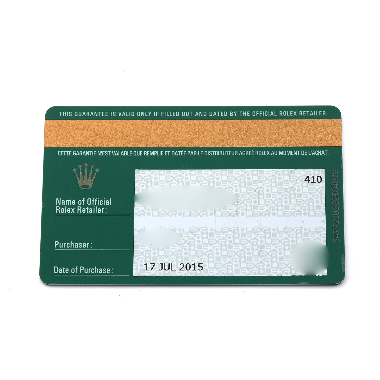 The image shows a guarantee card for a Rolex Submariner 116610LV Men's Stainless Steel Green Dial watch, displaying purchase details and retailer information.