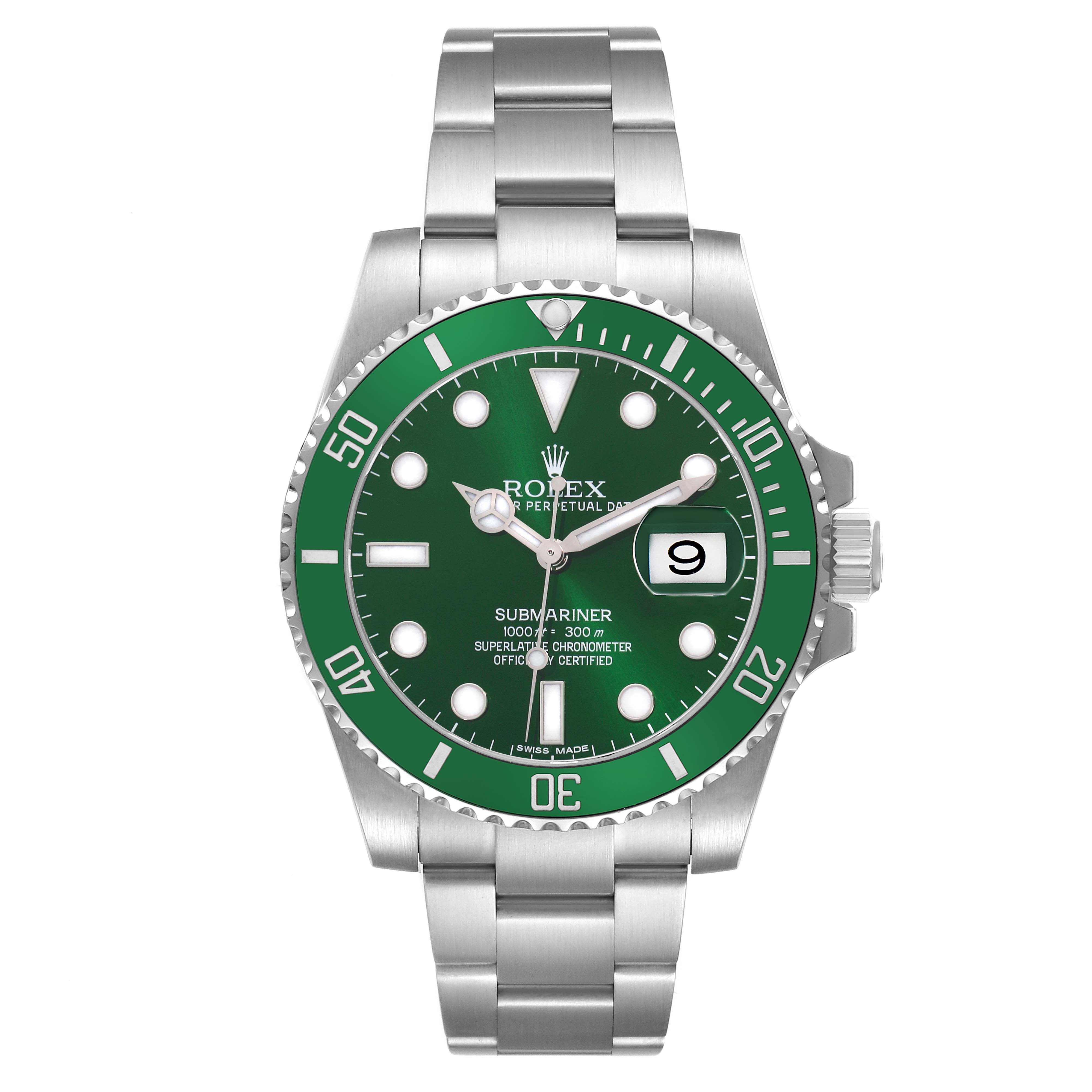 The Rolex Submariner 116610LV Men's Stainless Steel Green Dial is shown from a front angle, displaying the face, bezel, bracelet, and date window.