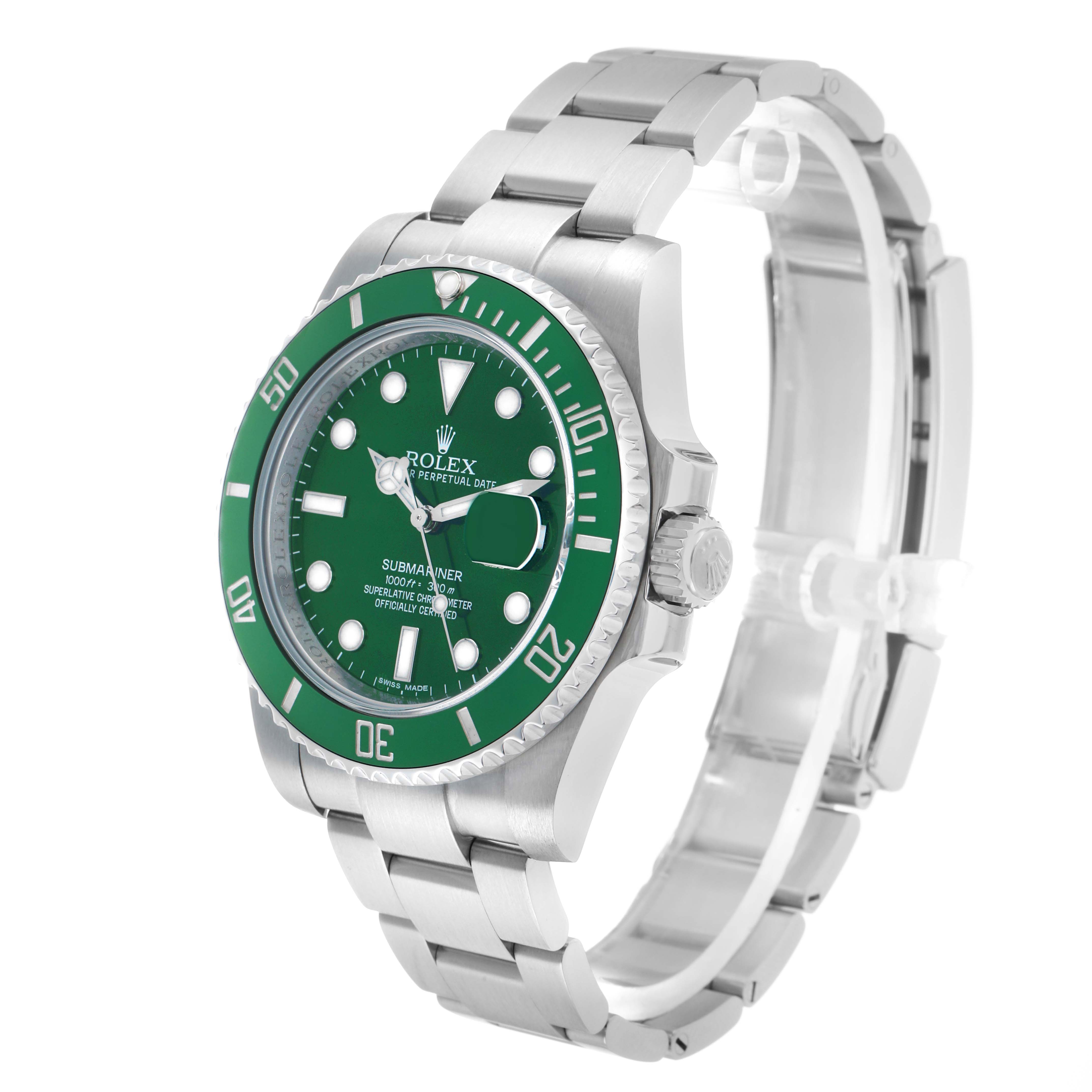 The Rolex Submariner 116610LV Men's Stainless Steel Green Dial watch is shown at an angled side view, highlighting the green dial, bezel, and part of the bracelet.