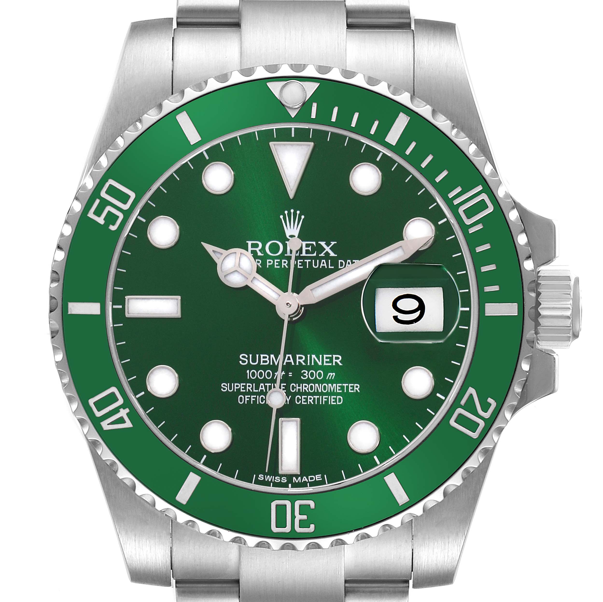The Rolex Submariner 116610LV Men's Stainless Steel Green Dial is shown from a top-down angle, highlighting the green dial, bezel, and part of the bracelet.