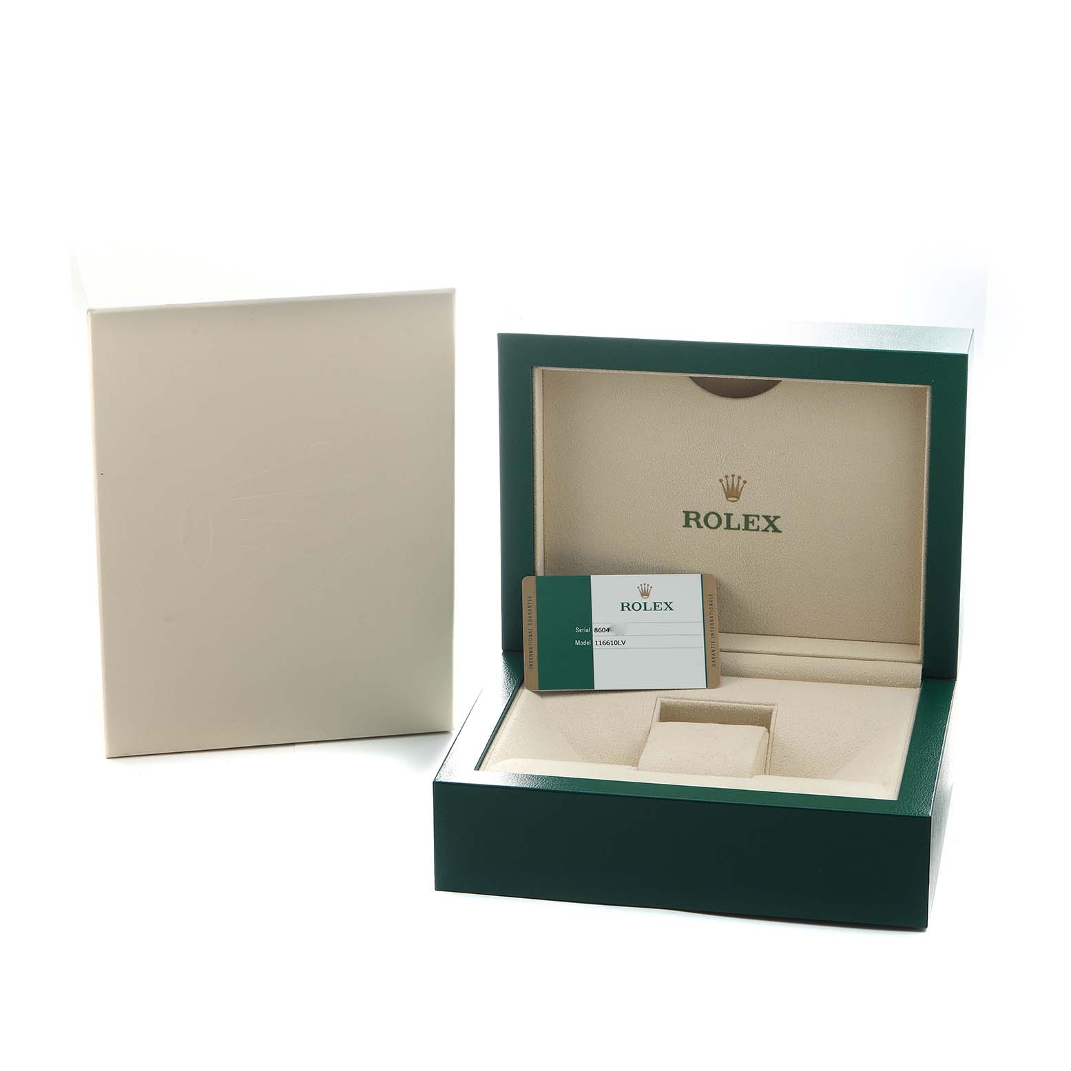 The image shows the open packaging box and authenticity card for a Rolex Submariner 116610LV Men's Stainless Steel Green Dial watch.