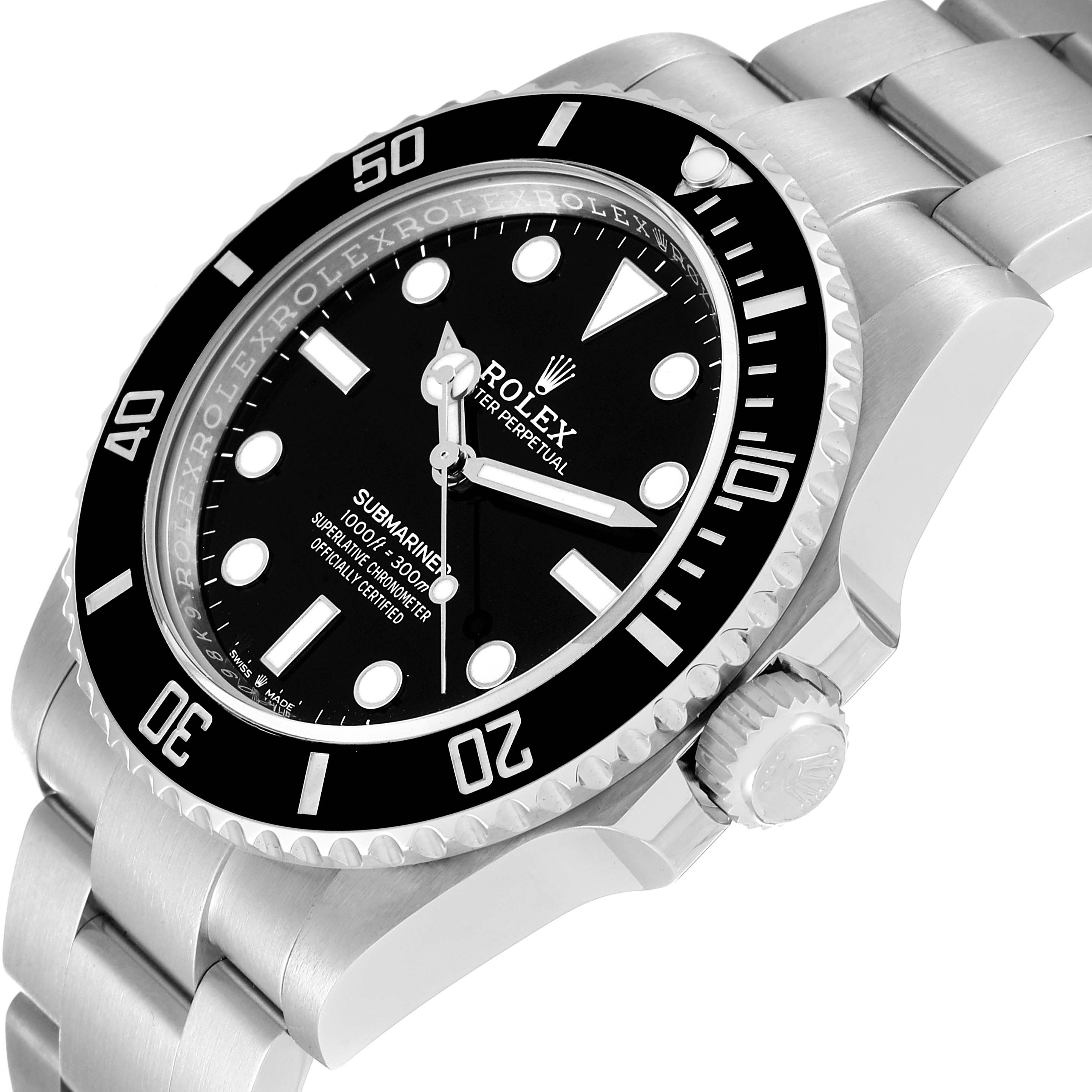 The image shows a Rolex Submariner 124060 Men's Stainless Steel Black Dial 124060 Men's Stainless Steel Black Dial watch from a top-angled view, highlighting the dial, bezel, bracelet, and crown.