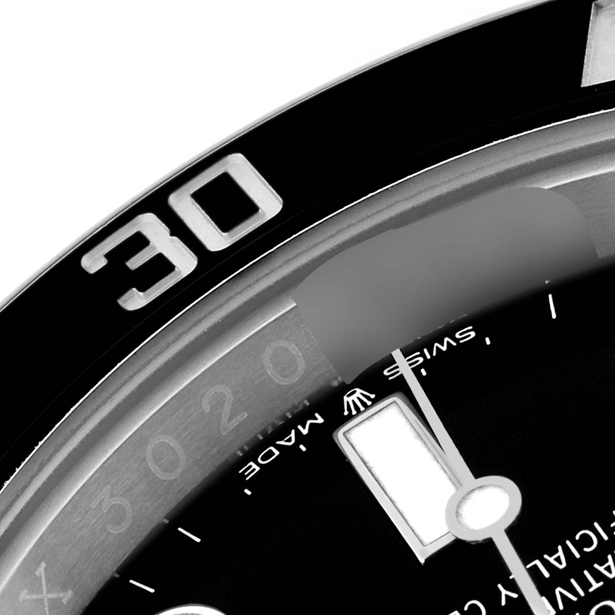 This close-up image shows the bezel and part of the dial, including the "30" marker and the Rolex logo, of a Rolex Submariner 124060 Men's Stainless Steel Black Dial 124060 Men's Stainless Steel Black Dial watch.