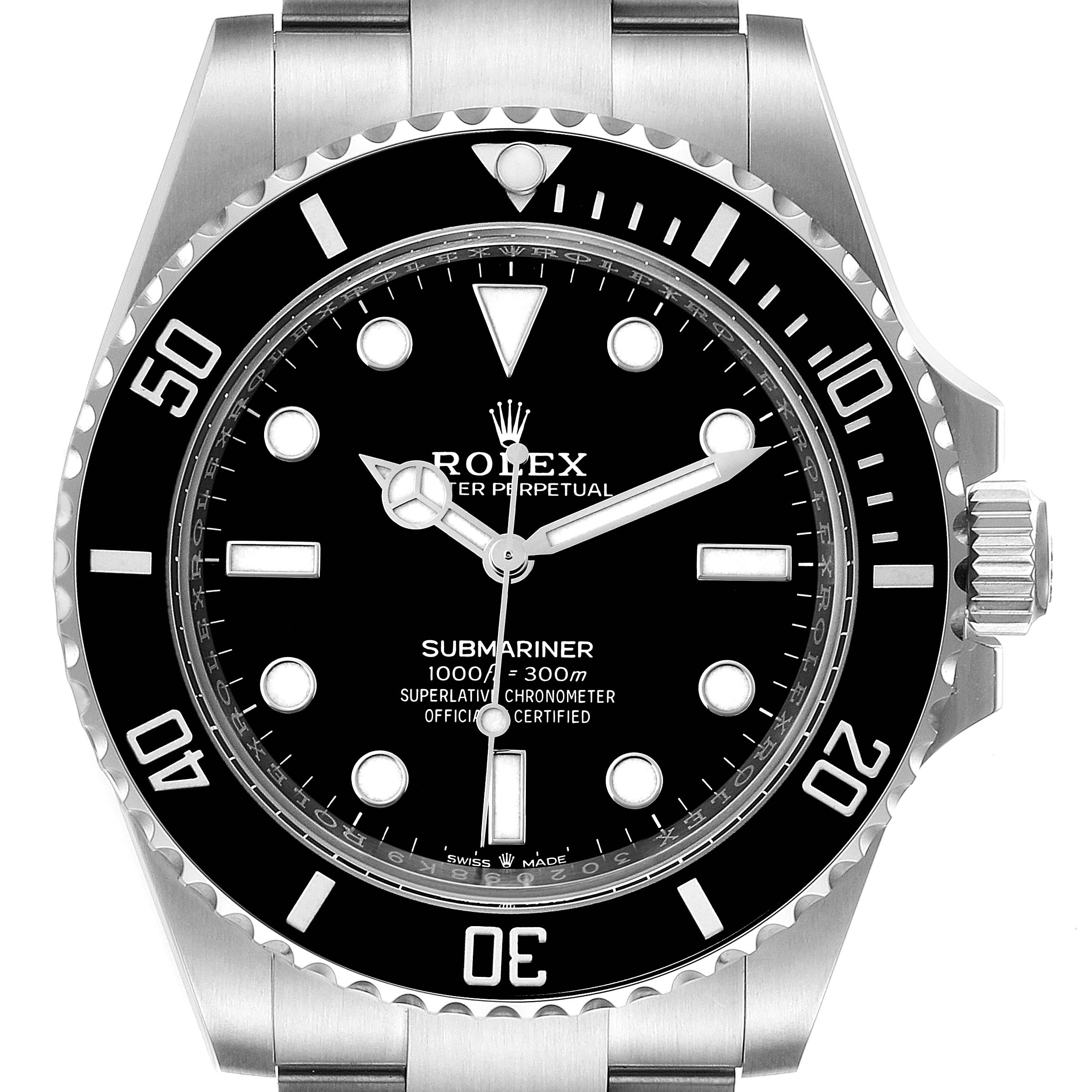 The image shows a front angle of the Rolex Submariner 124060 Men's Stainless Steel Black Dial 124060 Men's Stainless Steel Black Dial watch, highlighting its bezel, dial, and hands.