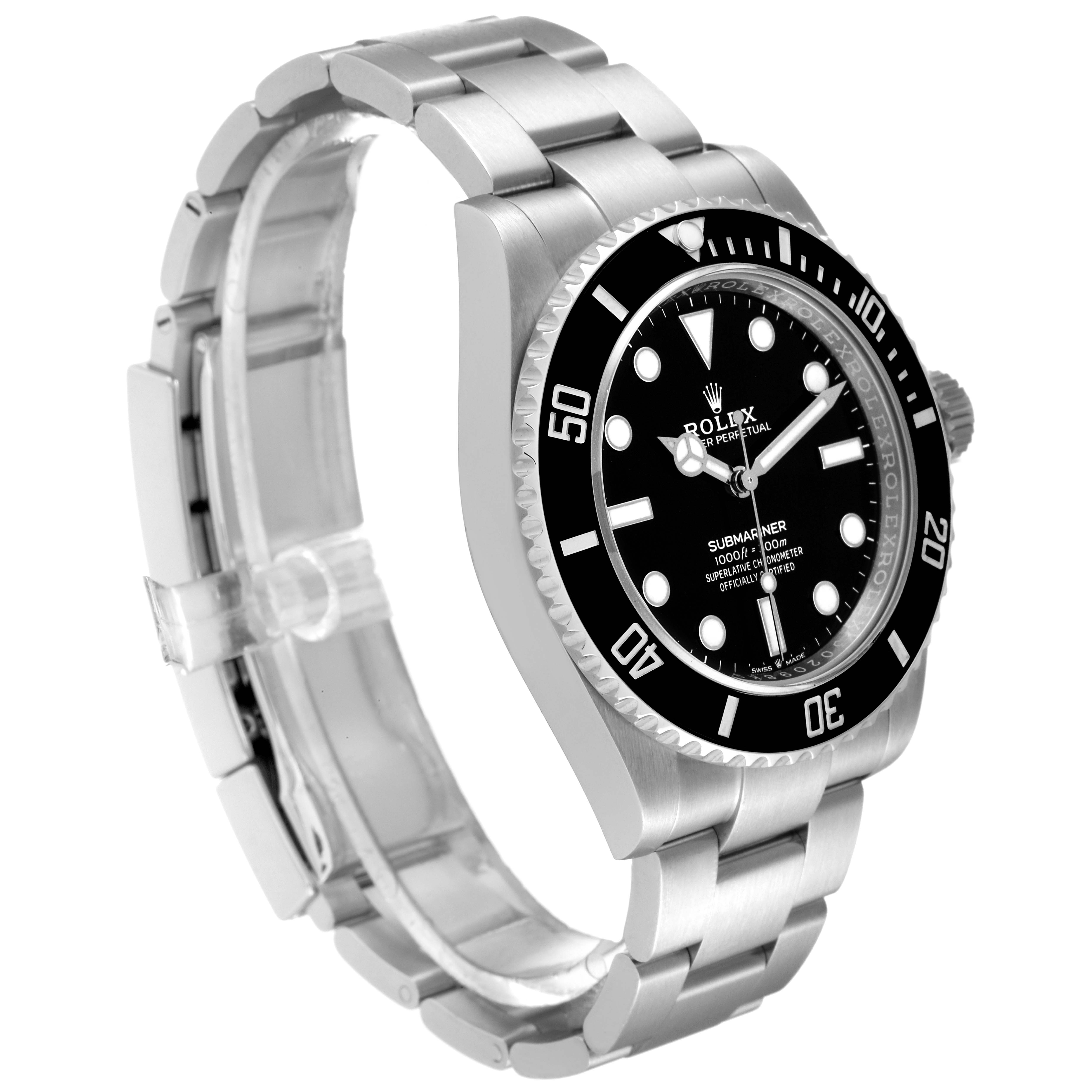 This image shows a Rolex Submariner 124060 Men's Stainless Steel Black Dial 124060 Men's Stainless Steel Black Dial watch at a slight angle, highlighting the dial, bezel, and part of the bracelet.