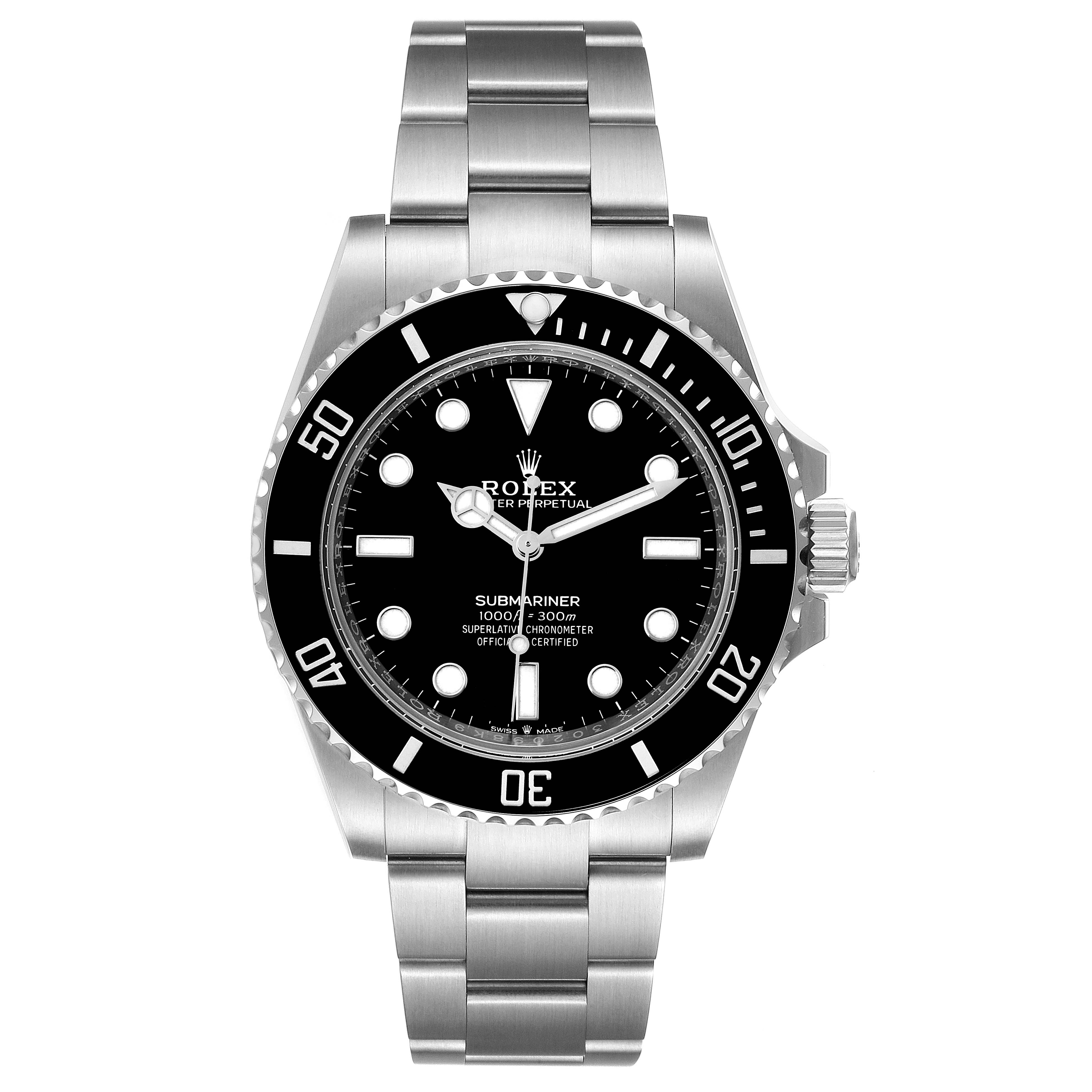 This image shows a front view of a Rolex Submariner 124060 Men's Stainless Steel Black Dial 124060 Men's Stainless Steel Black Dial watch, displaying its black dial, bezel, and stainless steel bracelet.