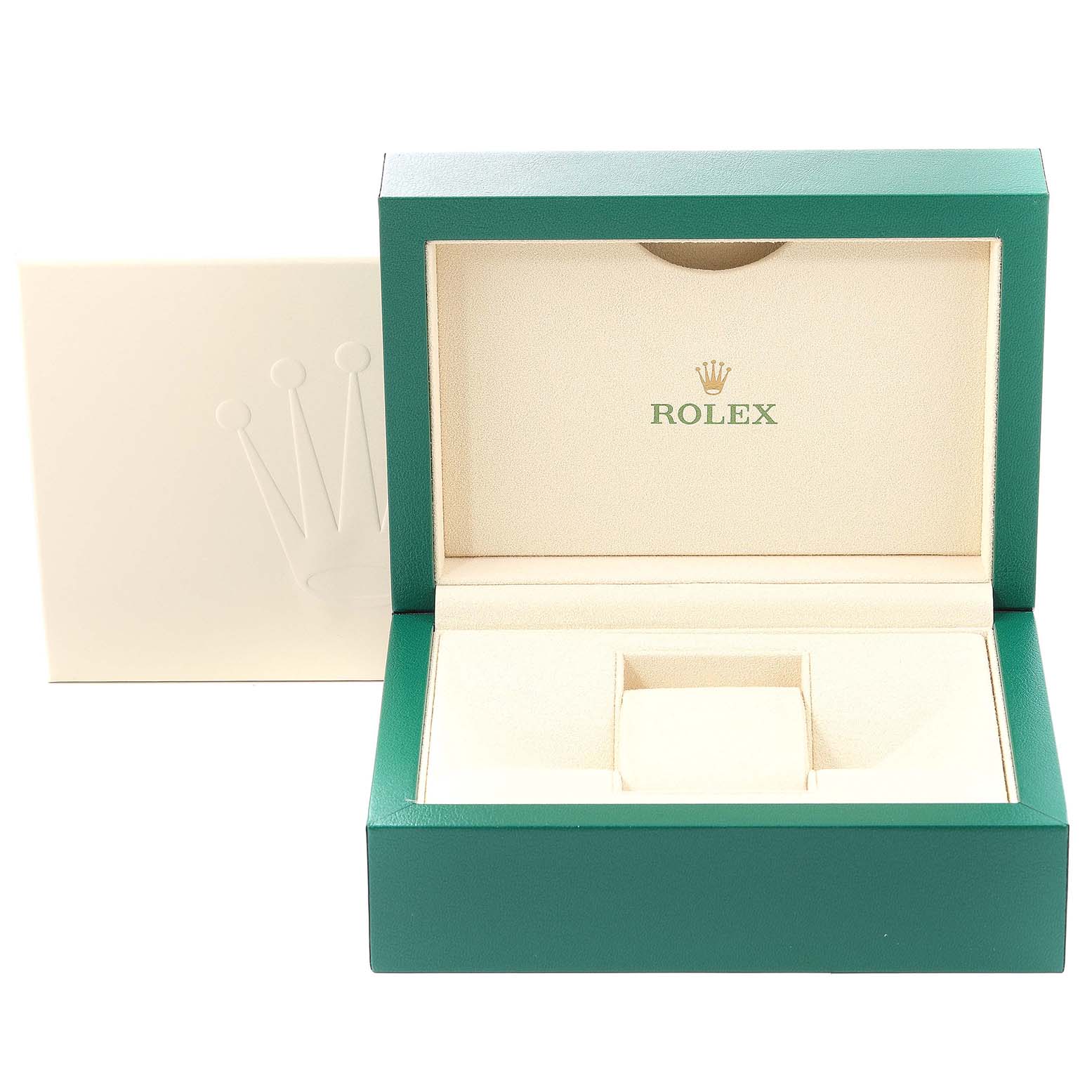 This is an open Rolex Submariner 124060 Men's Stainless Steel Black Dial 124060 Men's Stainless Steel Black Dial watch box viewed frontally, with the brand's logo inside the lid and a green exterior.