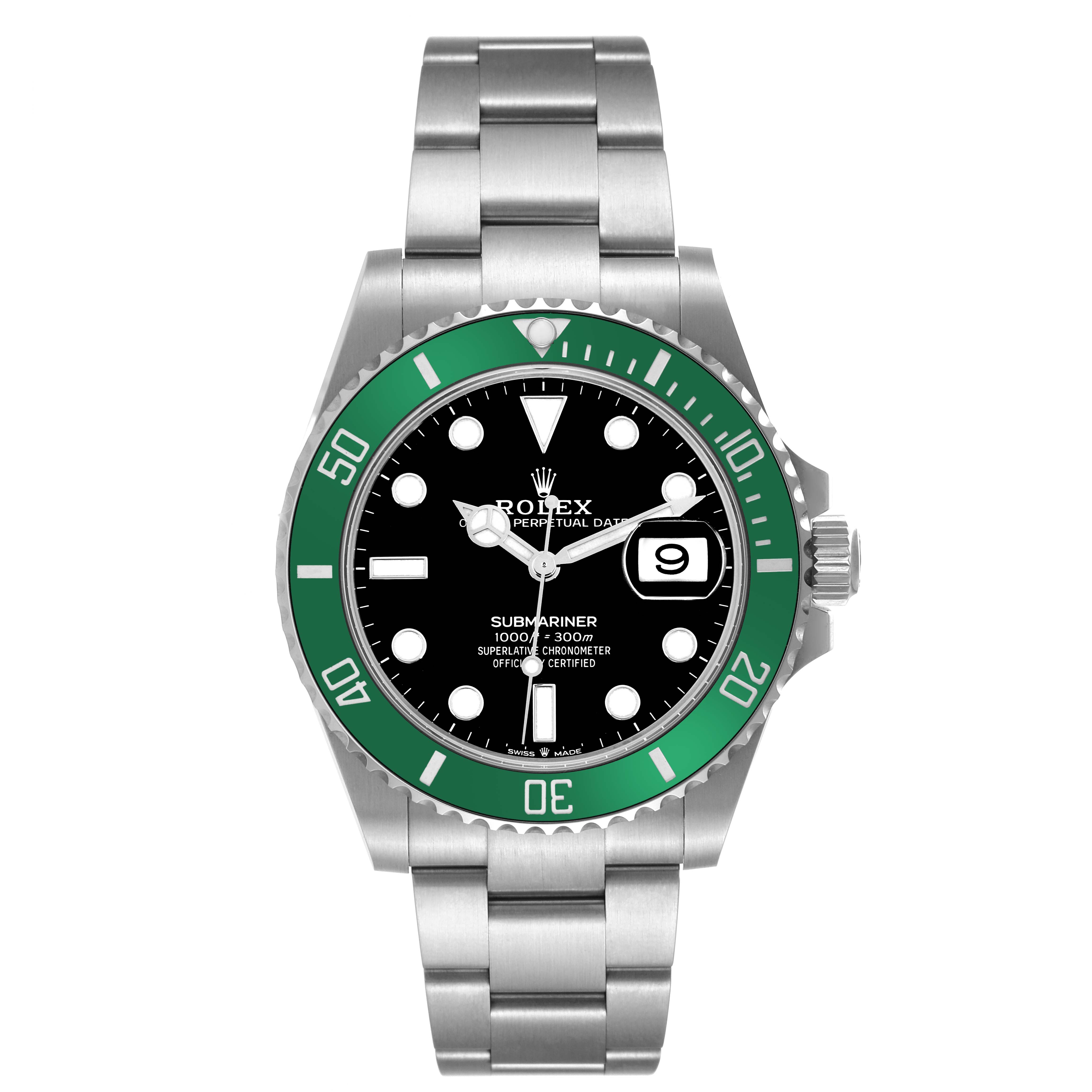 The Rolex Submariner 126610LV Men's Stainless Steel Black Dial 126610LV Men's Stainless Steel Black Dial watch is shown from the front, featuring its bezel, dial, bracelet, and date magnifier.